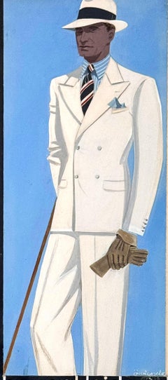 "Man in White Suit", Men's Fashion Painting by Wiencke for Berlin Clothing Shop