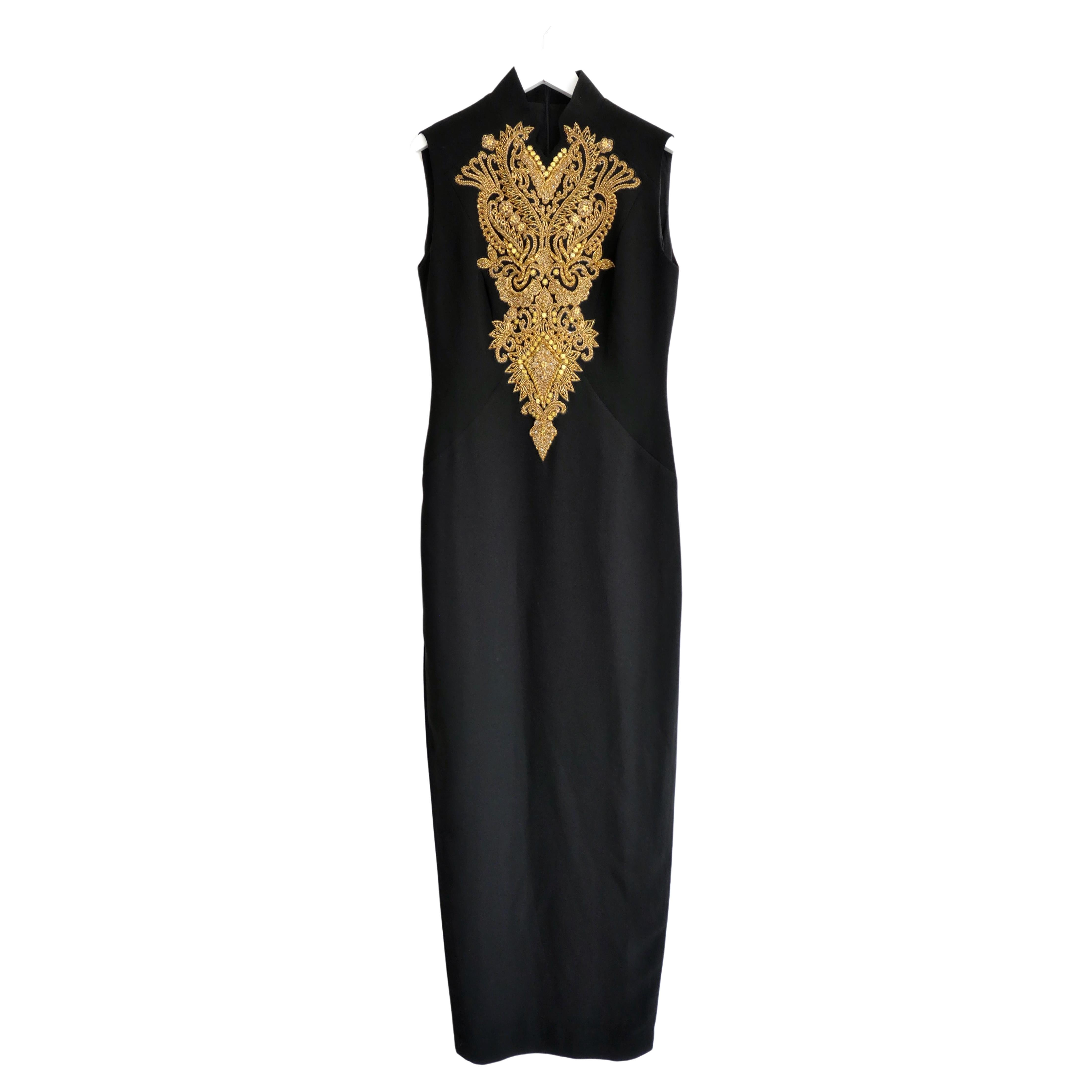 Man Lou Lan Gold Embellished Black Crepe QiPa Cheongsam Dress For Sale