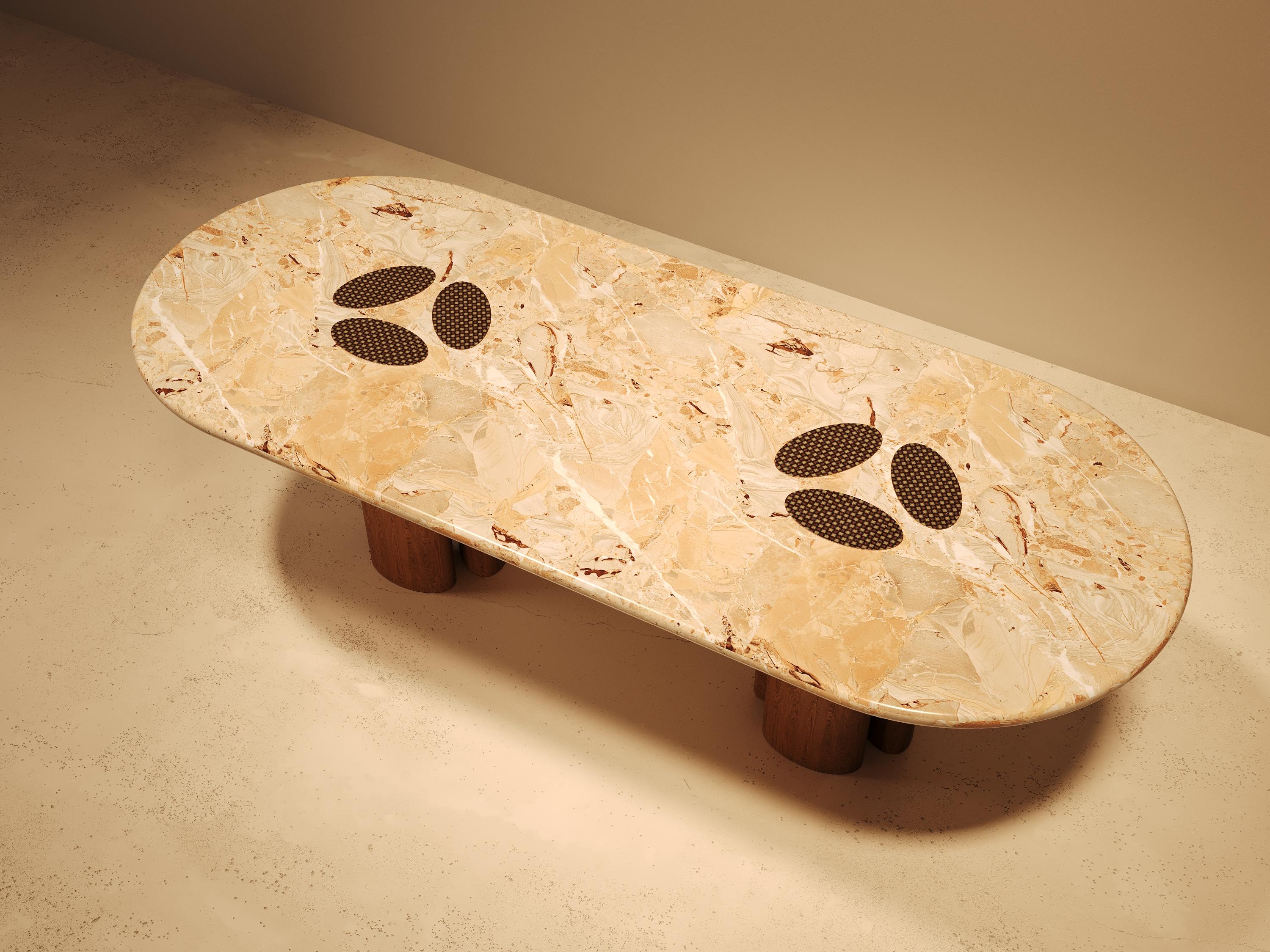Lotus unfolds like a poem in motion. A dining table that echoes purity resilience and quiet transformation drawn from the symbolism of its namesake flower.

Its generous walnut frame anchors the piece with grounded elegance while the marble top