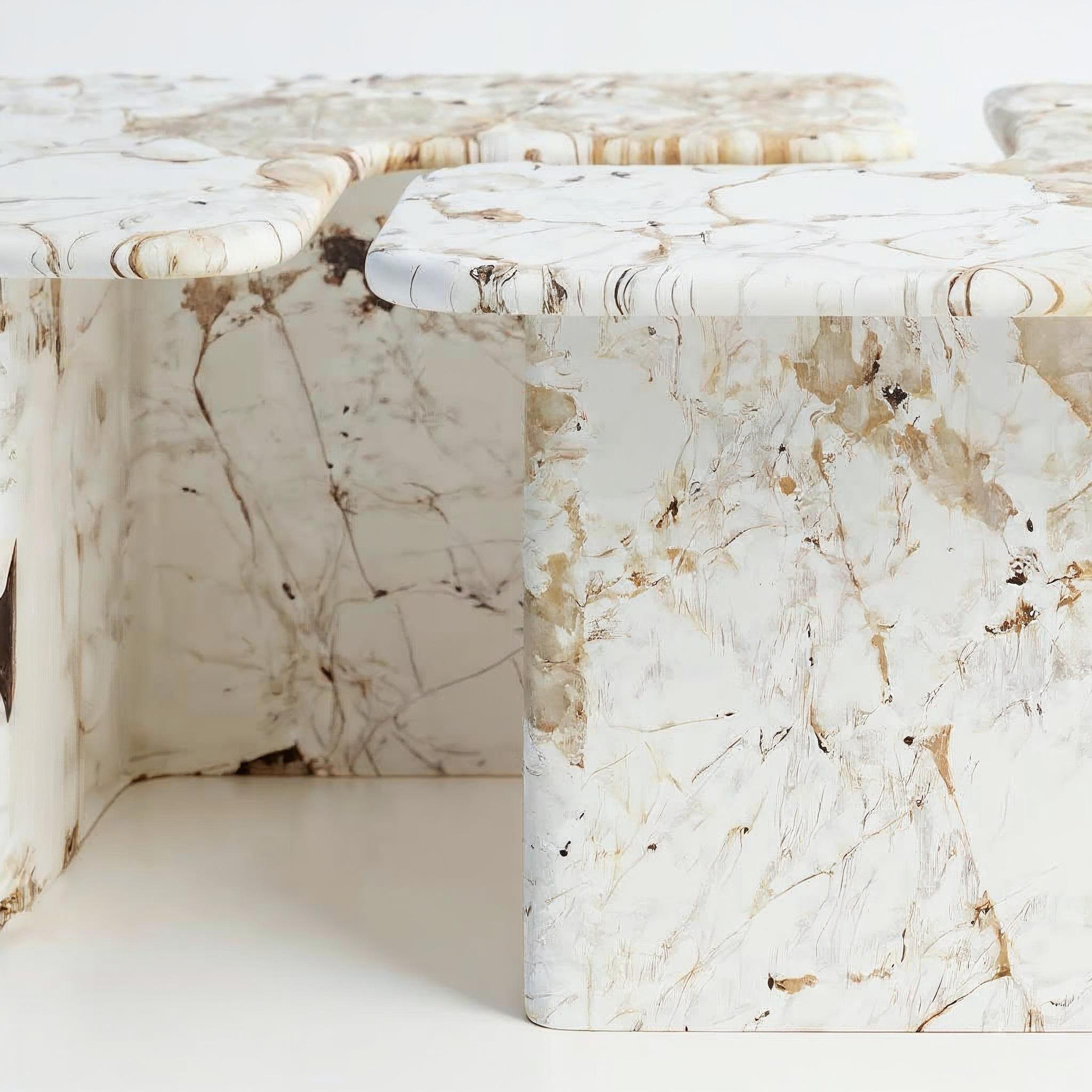 Man o To translates to Me and You — a phrase both intimate and timeless. This table is more than an object; it is a sculptural meditation on connection. Crafted entirely from marble and shaped with quiet authority, its monolithic form grounds a room