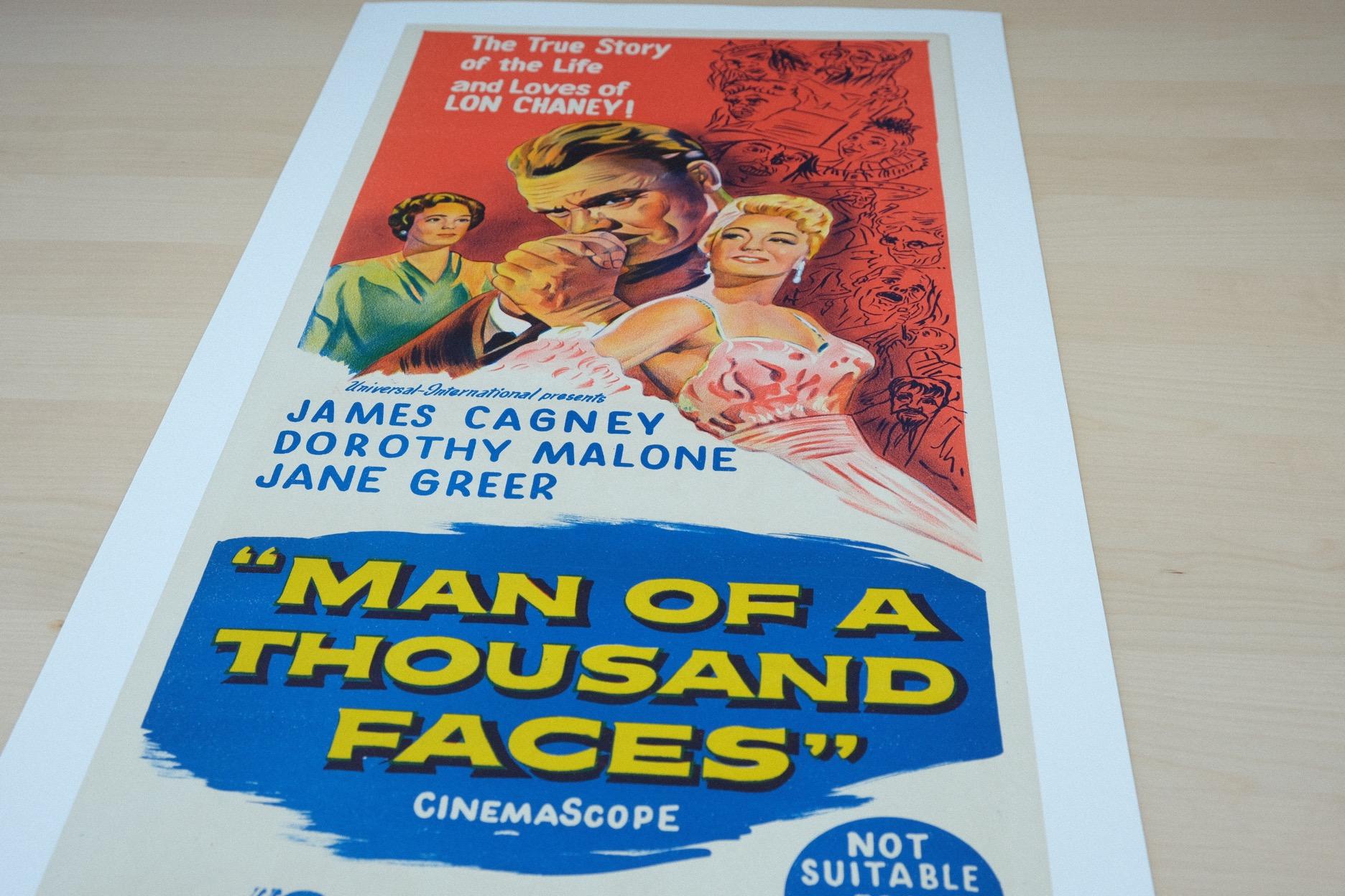 Size: daybill.

Condition: mint.

Dimensions: 380 mm x 840 mm (inc. linen border).

Type: original lithographic print - linen backed.

Year: 1957

Details: A rare original daybill poster for the 1957 film ‘Man Of A Thousand Faces’. This