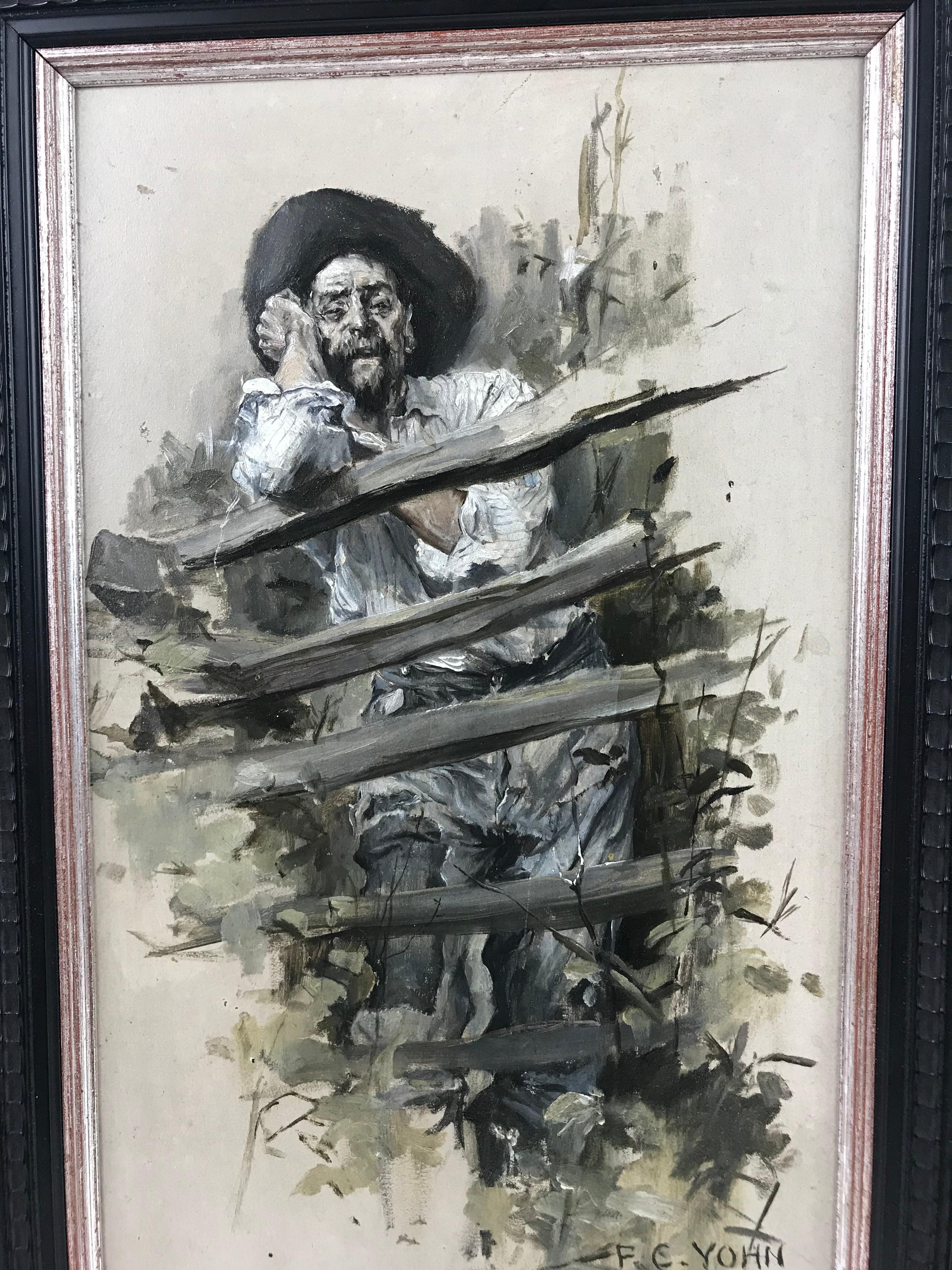 American 'Man on Fence' by Fredrick Coffay Yohr Oil on Board