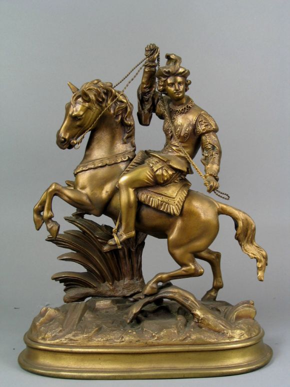 Man on Horseback, finely detailed metal casting of man on horseback sculpture.