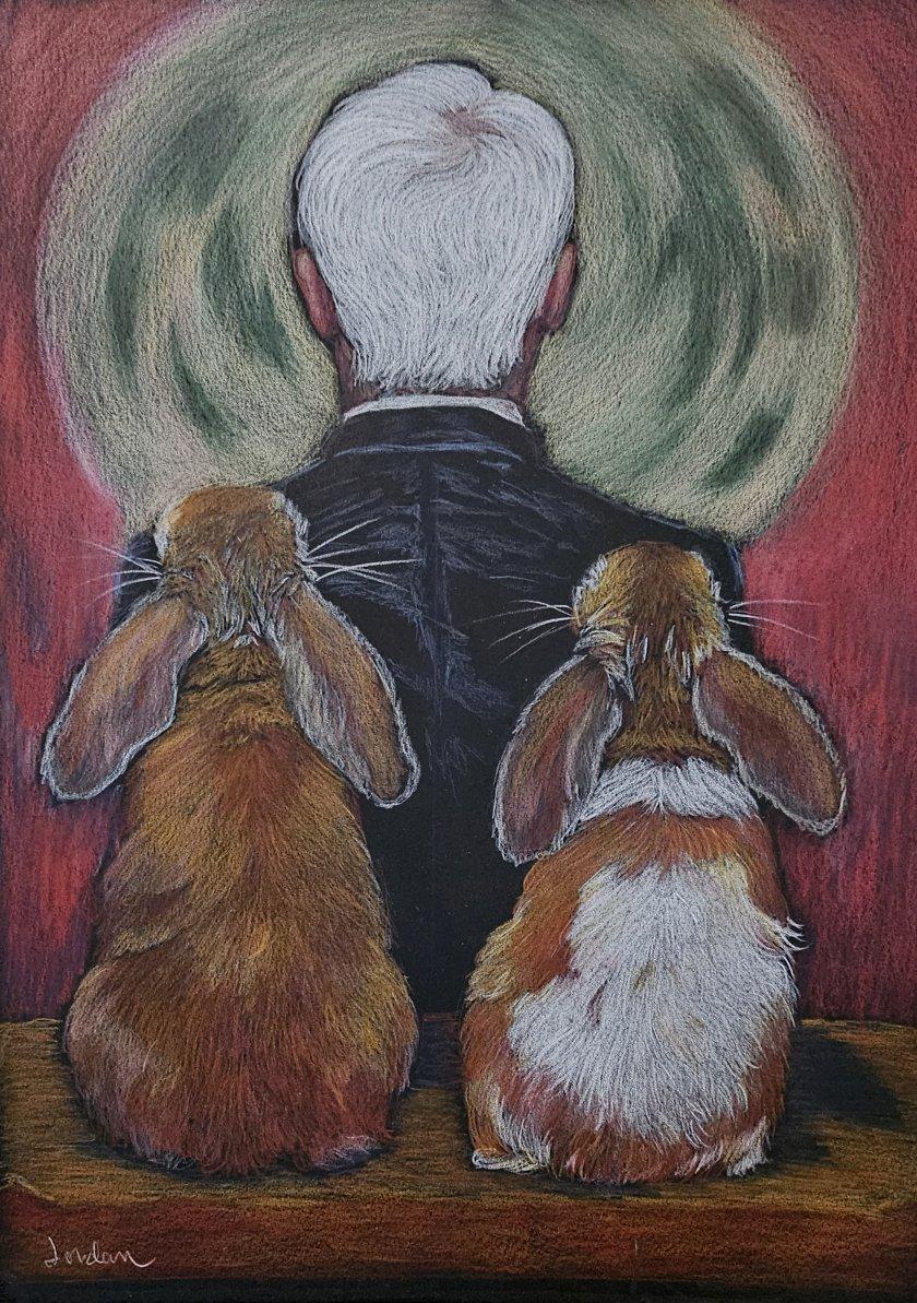 Altro ARTE: Acquerello originale firmato, Uomo con le spalle ai conigli in vendita
