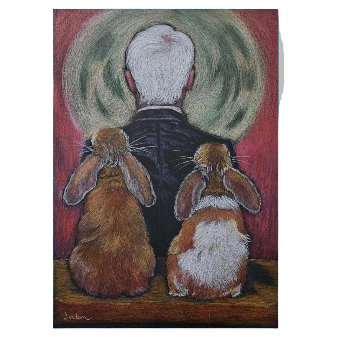 ART: Signed Original Watercolor, Man with Back to Rabbits