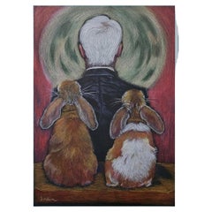 ARTE: Acuarela original firmada, Hombre de espaldas a los conejos