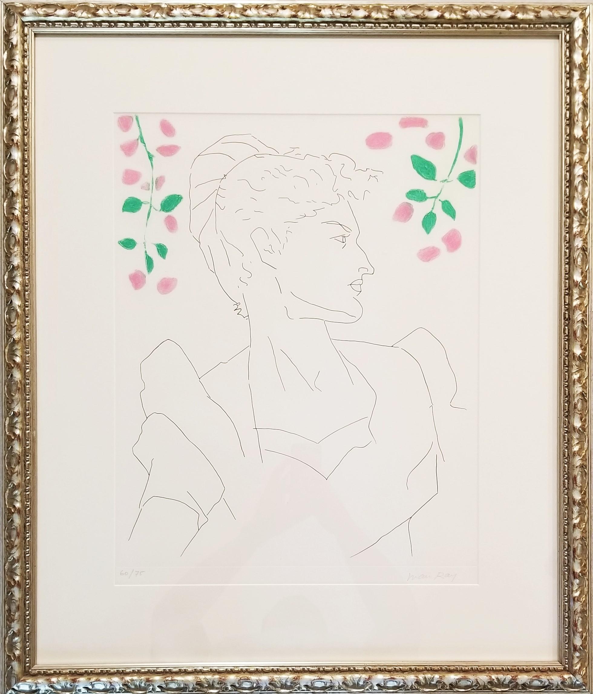 Julie /// Surrealismo Aguafuerte Surrealista Figurativo Retrato Dama Flores Arte - Print de Man Ray