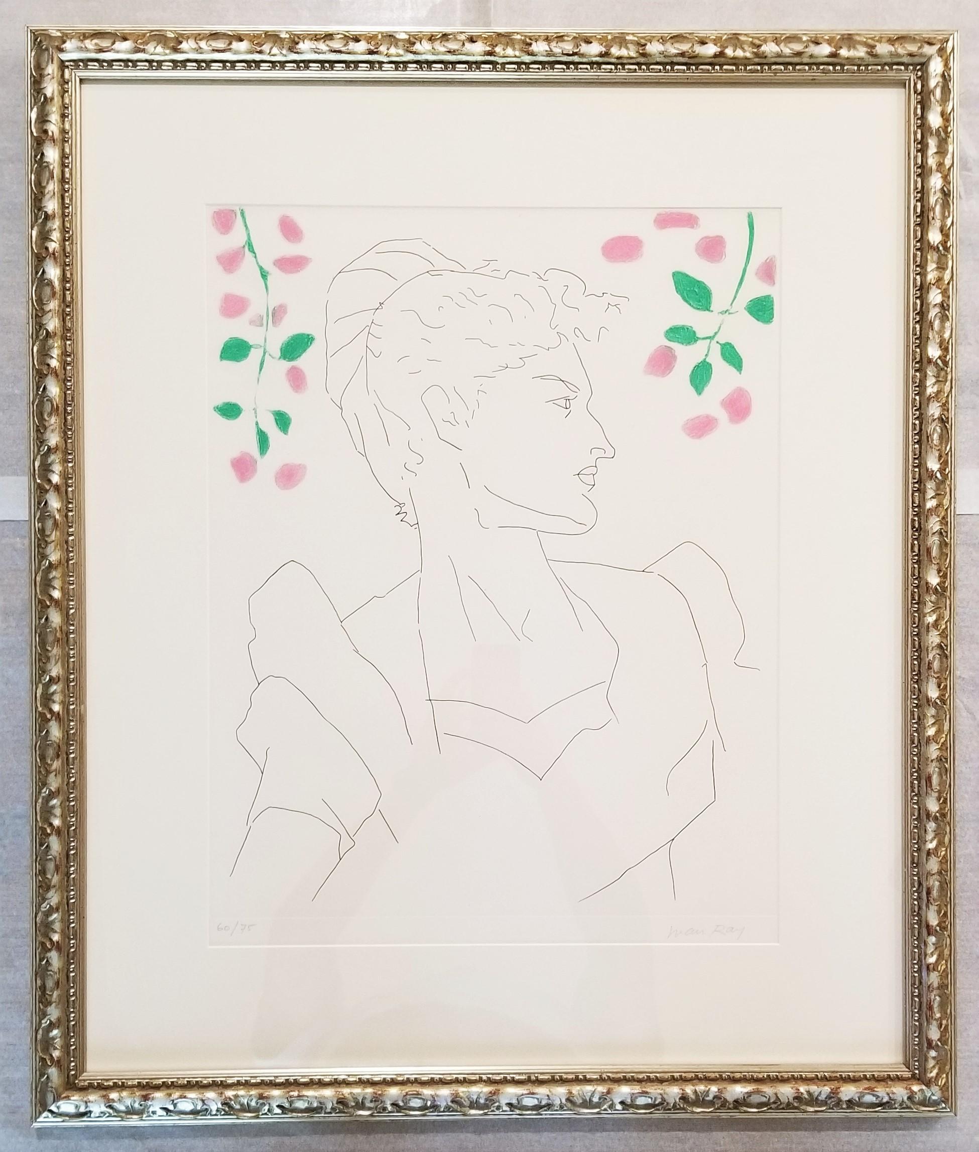 Julie /// Gravure surréaliste Figurative Lady Portrait Flowers Art - Surréalisme Print par Man Ray