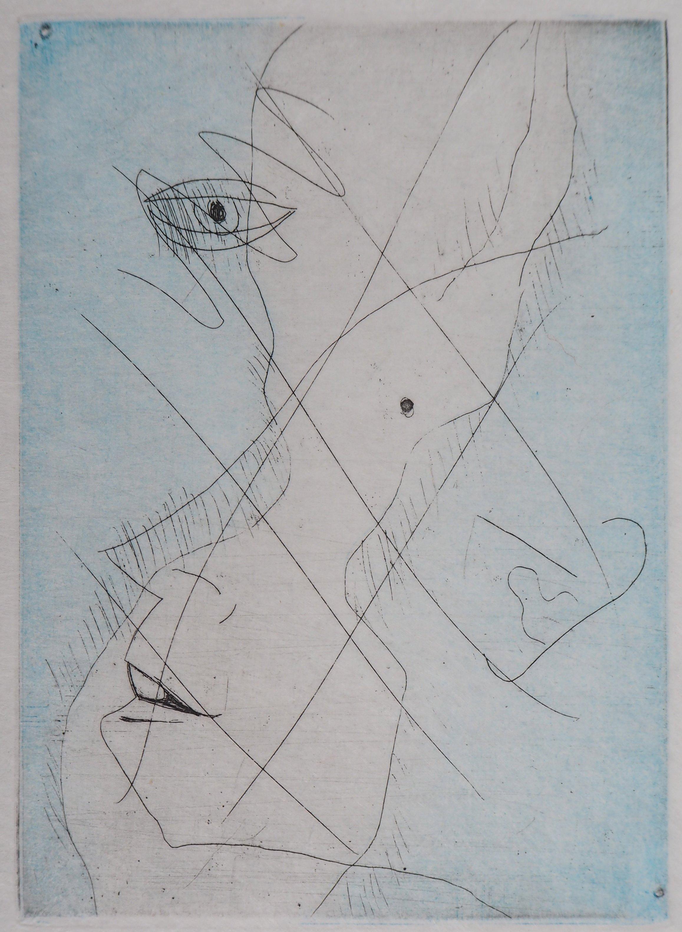 Surreaslist Portrait - Original handsigned etching (Anselmino #47) - Gray Figurative Print by Man Ray