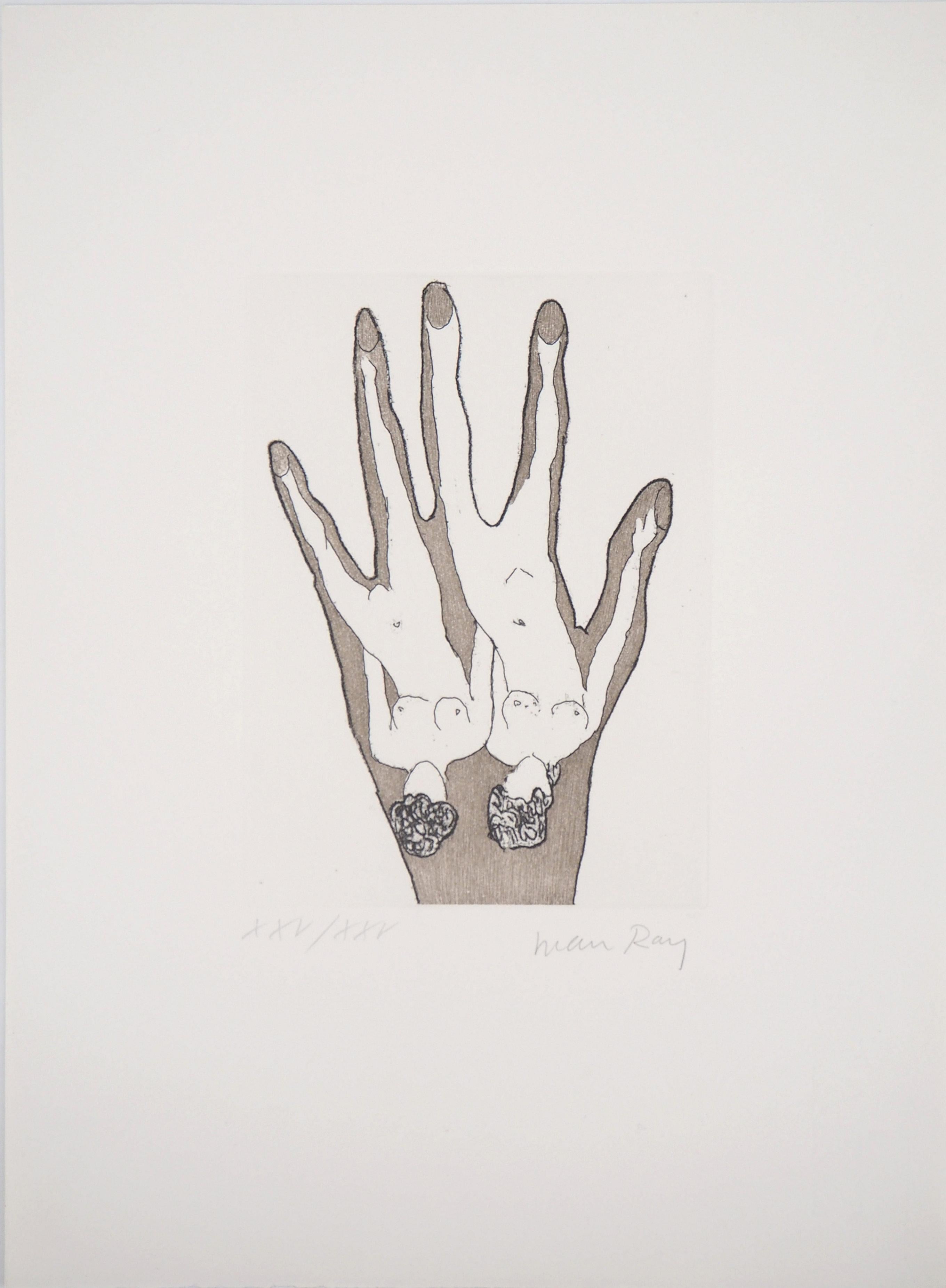 Man Ray Nude Print - Women Hand in Hand - Original etching, handsigned (Anselmino #40-E)