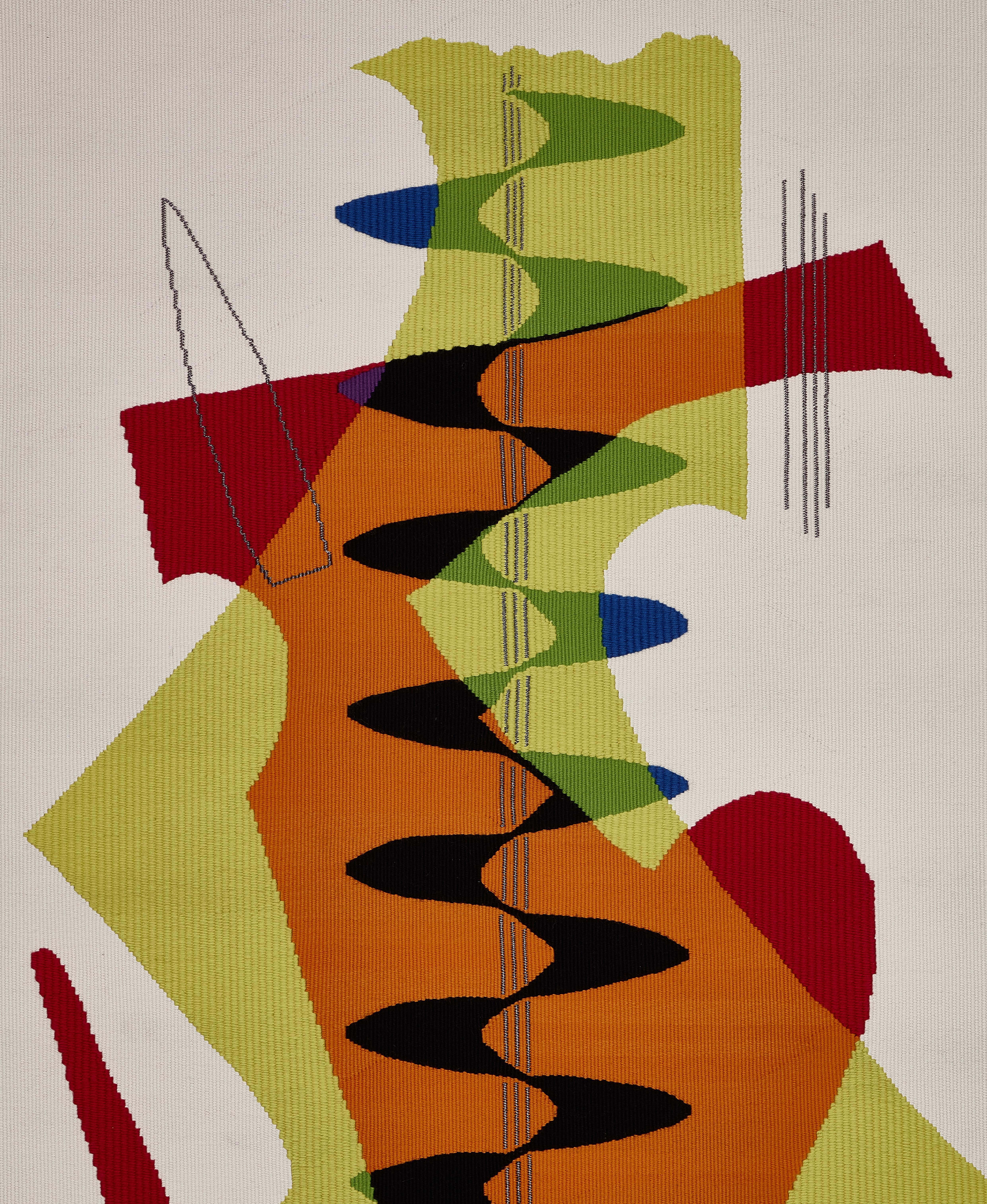 - Handwoven wool tapestry by Atelier 3, Paris.
- Edition/6
- Project date: 1913 (from the Revolving Doors series)
- Weaving date: c. 1975
- “The Meeting