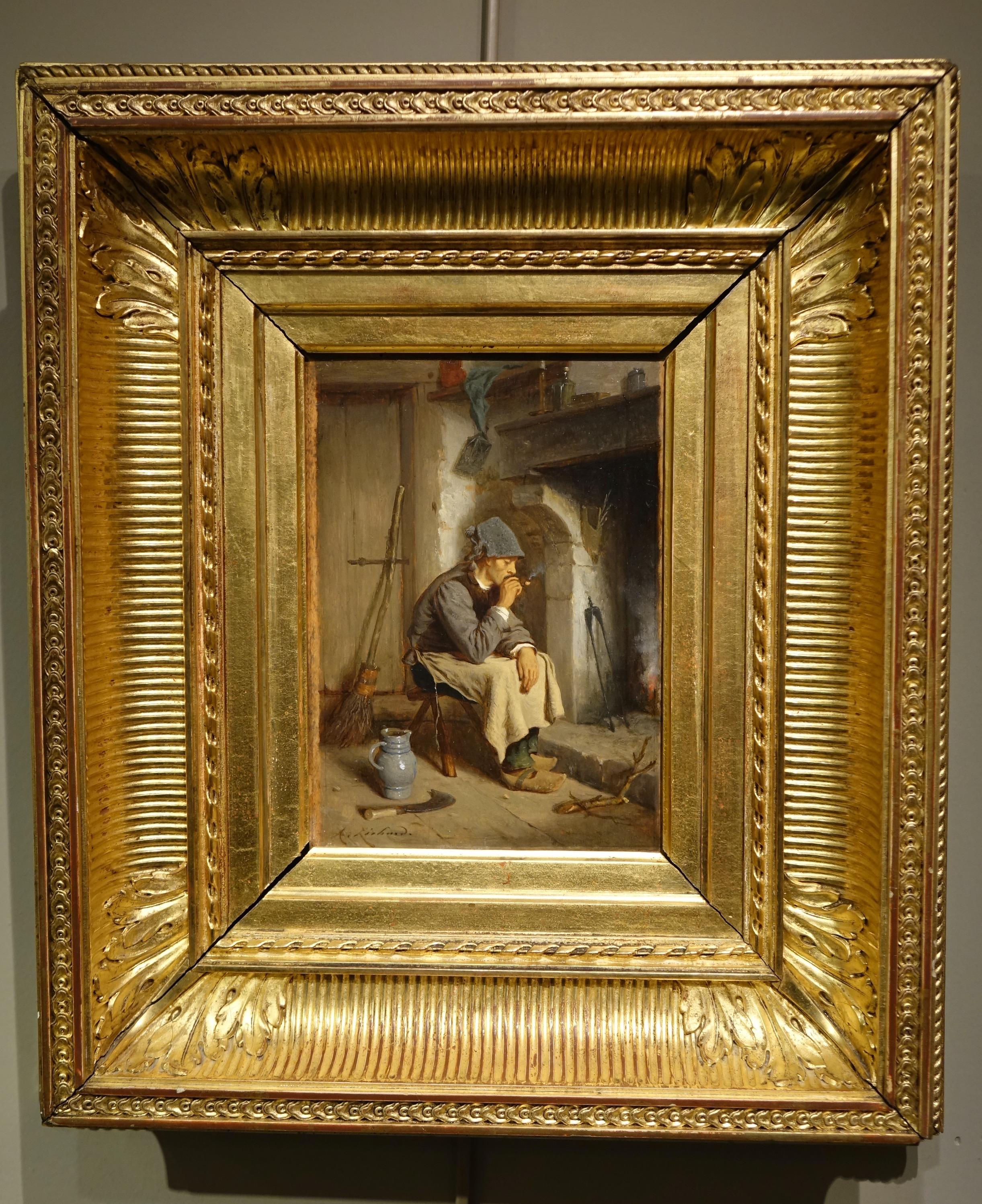 Napoleon III Man Smoking A Pipe In Front Of A Chimney by Antoine Richard 1822-1891 For Sale