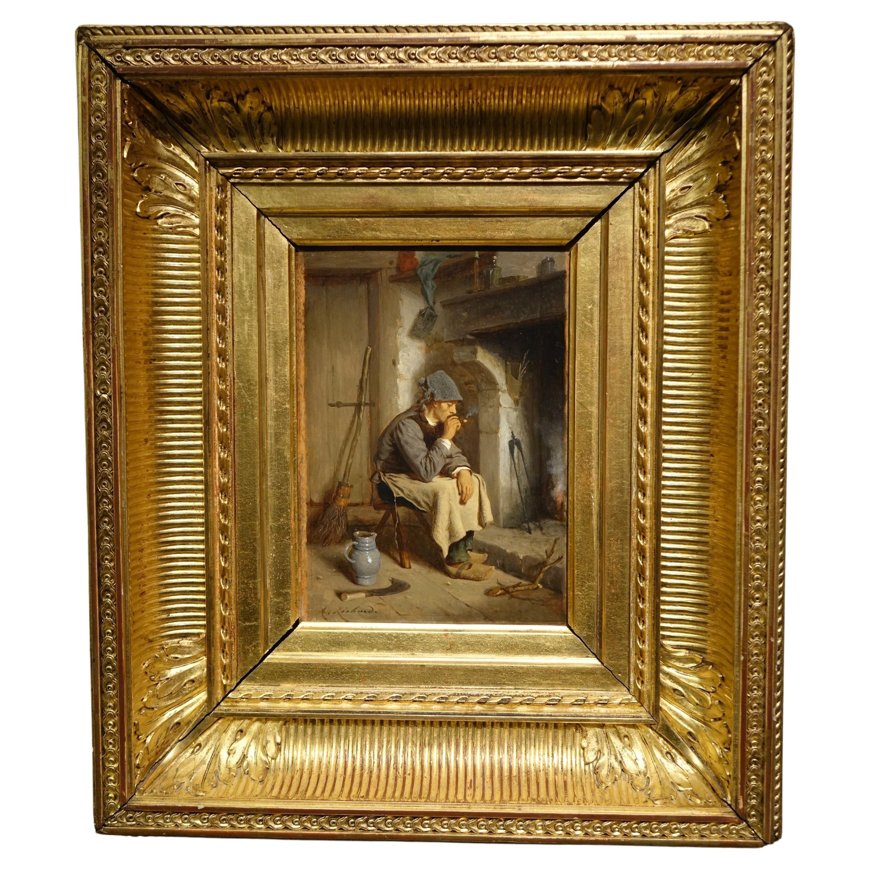 Man Smoking A Pipe In Front Of A Chimney by Antoine Richard 1822-1891 For Sale