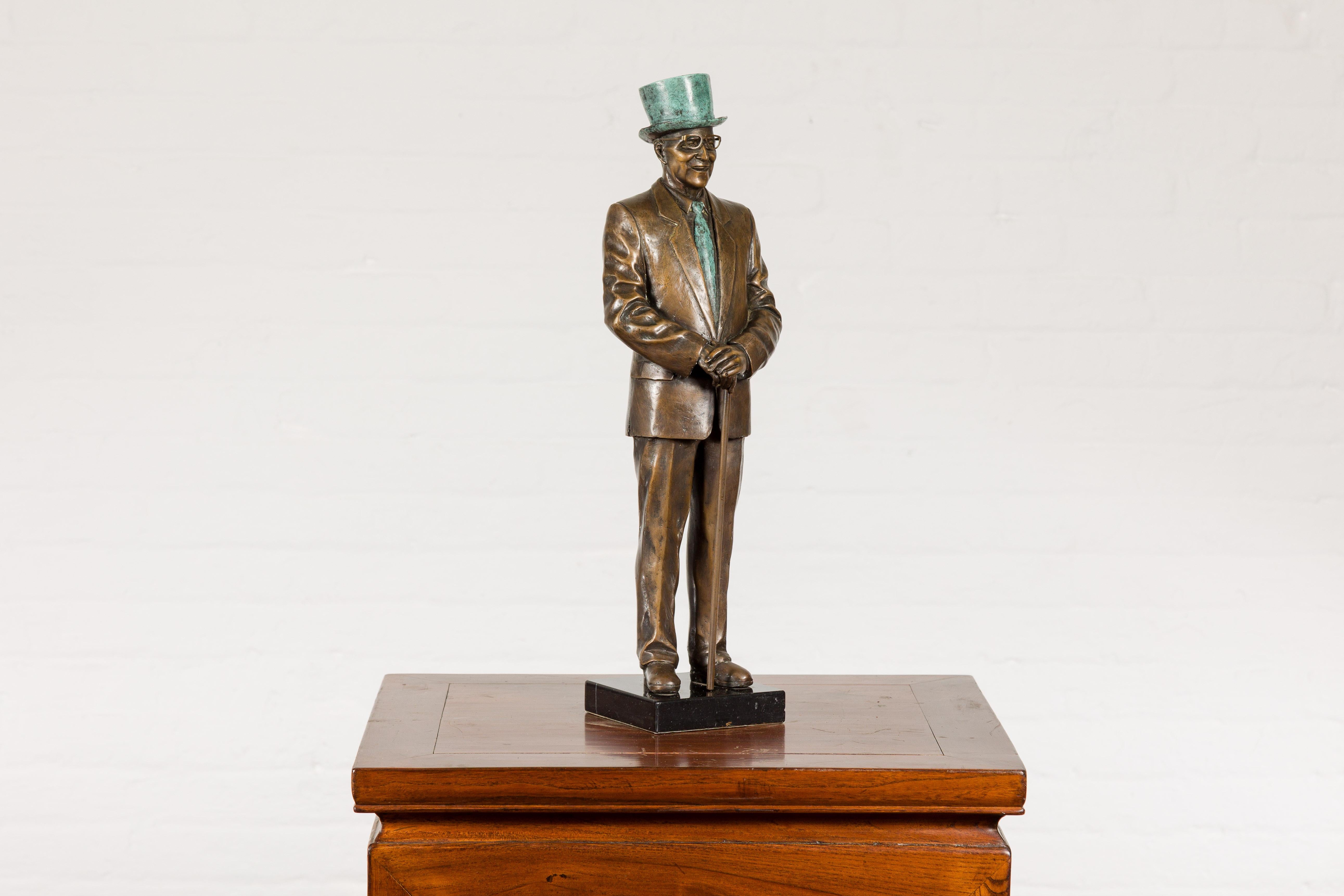 Man Wearing Top Hat Bronze Tabletop Statuette with Gold and Verdigris Patina For Sale 7