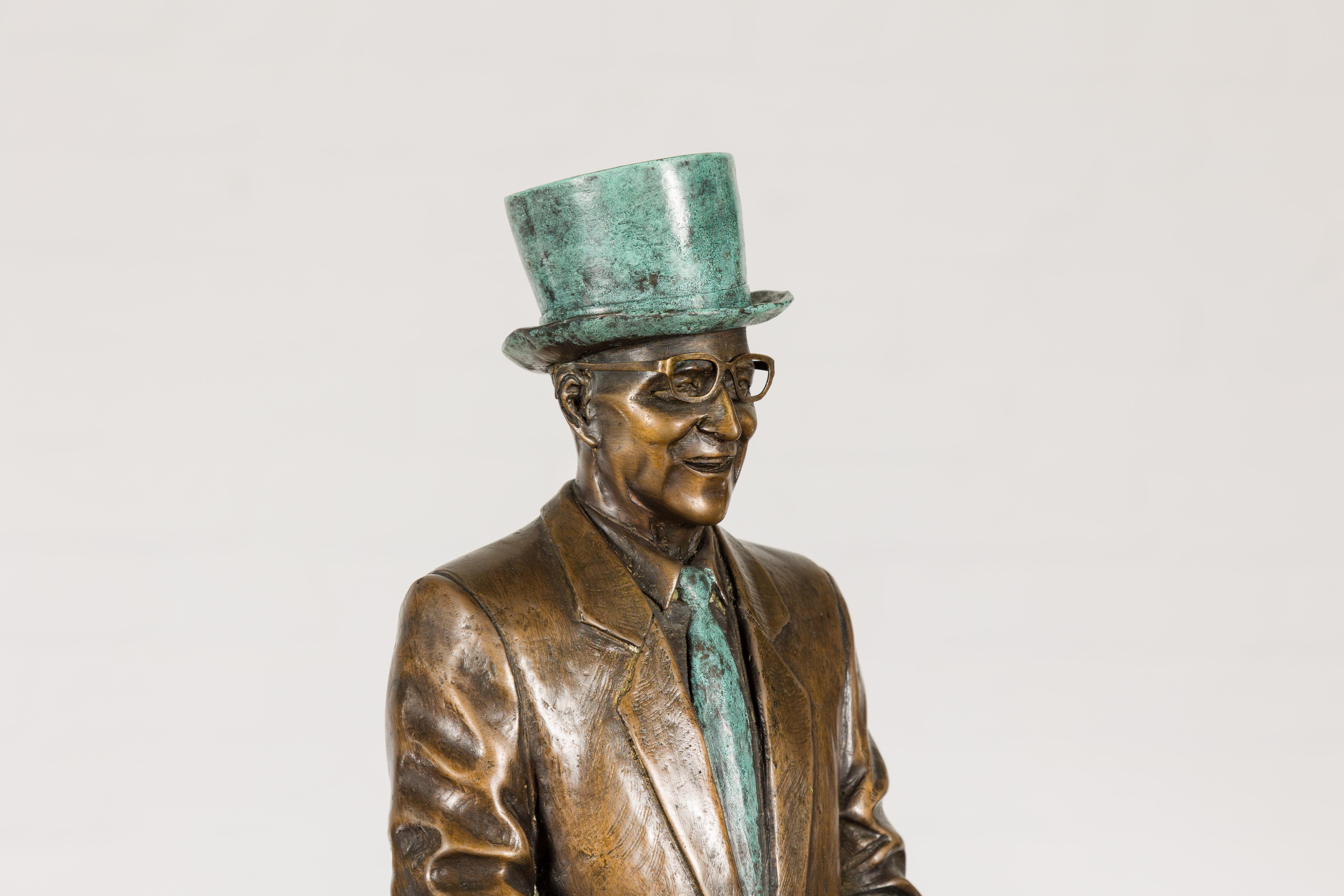 Man Wearing Top Hat Bronze Tabletop Statuette with Gold and Verdigris Patina For Sale 8