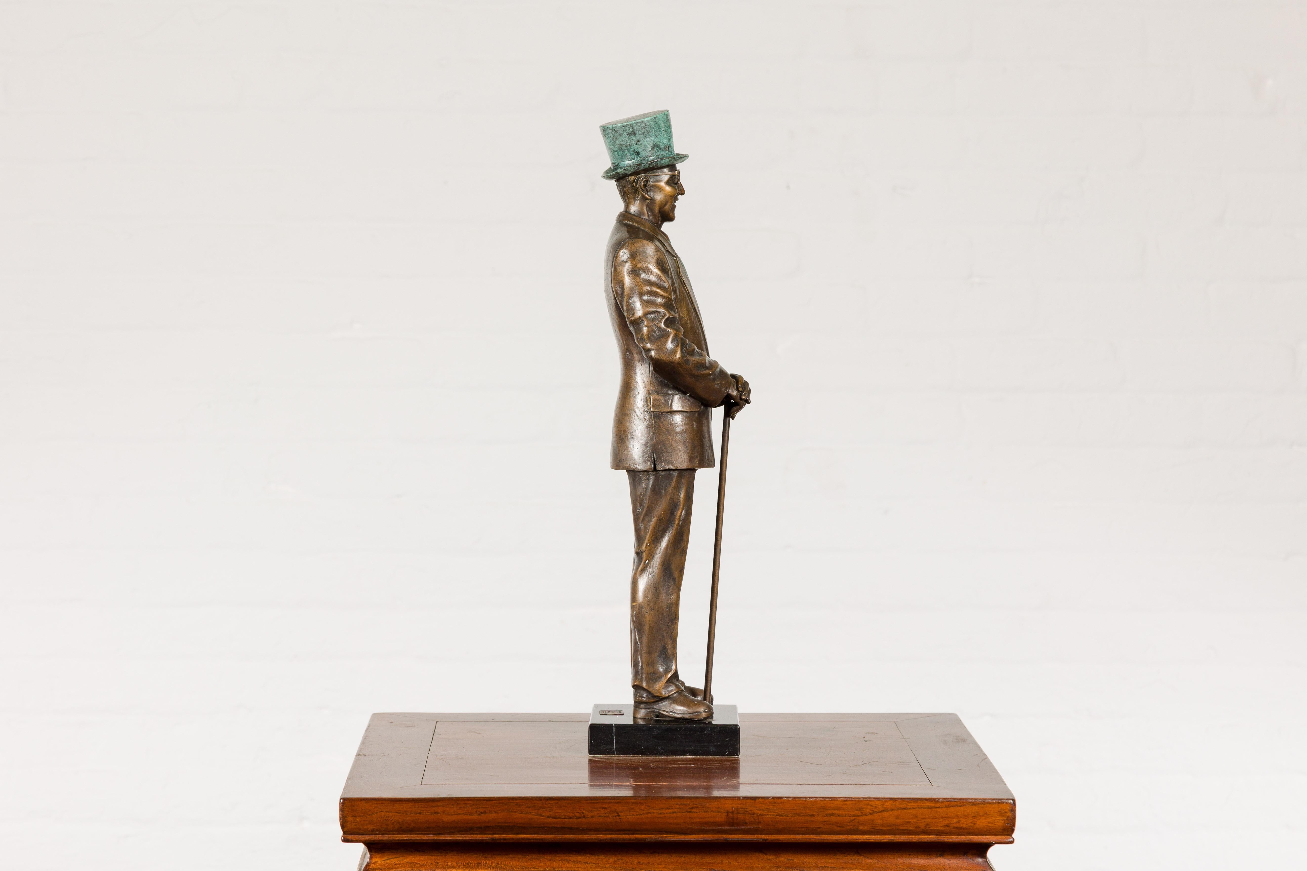 Man Wearing Top Hat Bronze Tabletop Statuette with Gold and Verdigris Patina For Sale 9