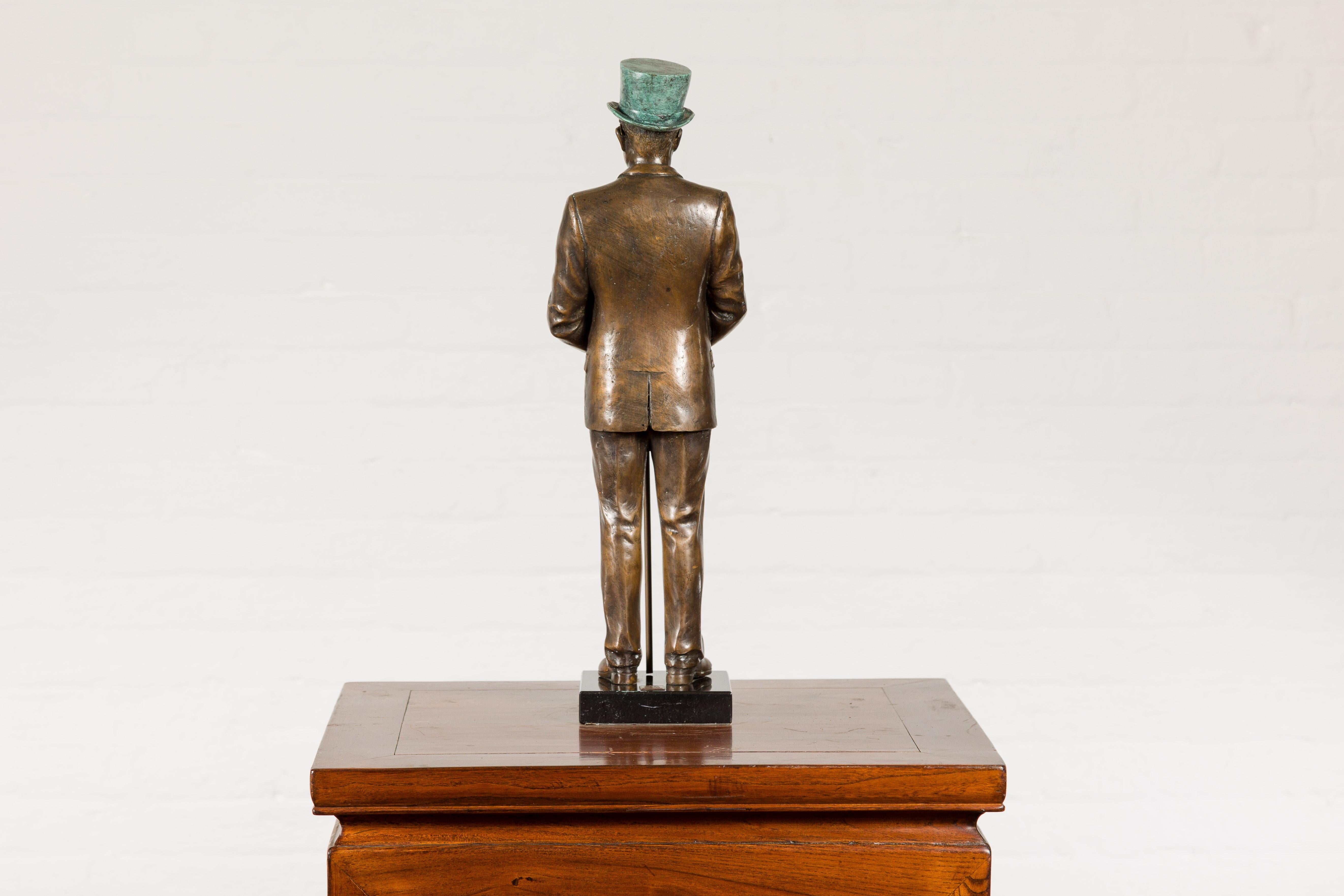 Man Wearing Top Hat Bronze Tabletop Statuette with Gold and Verdigris Patina For Sale 10