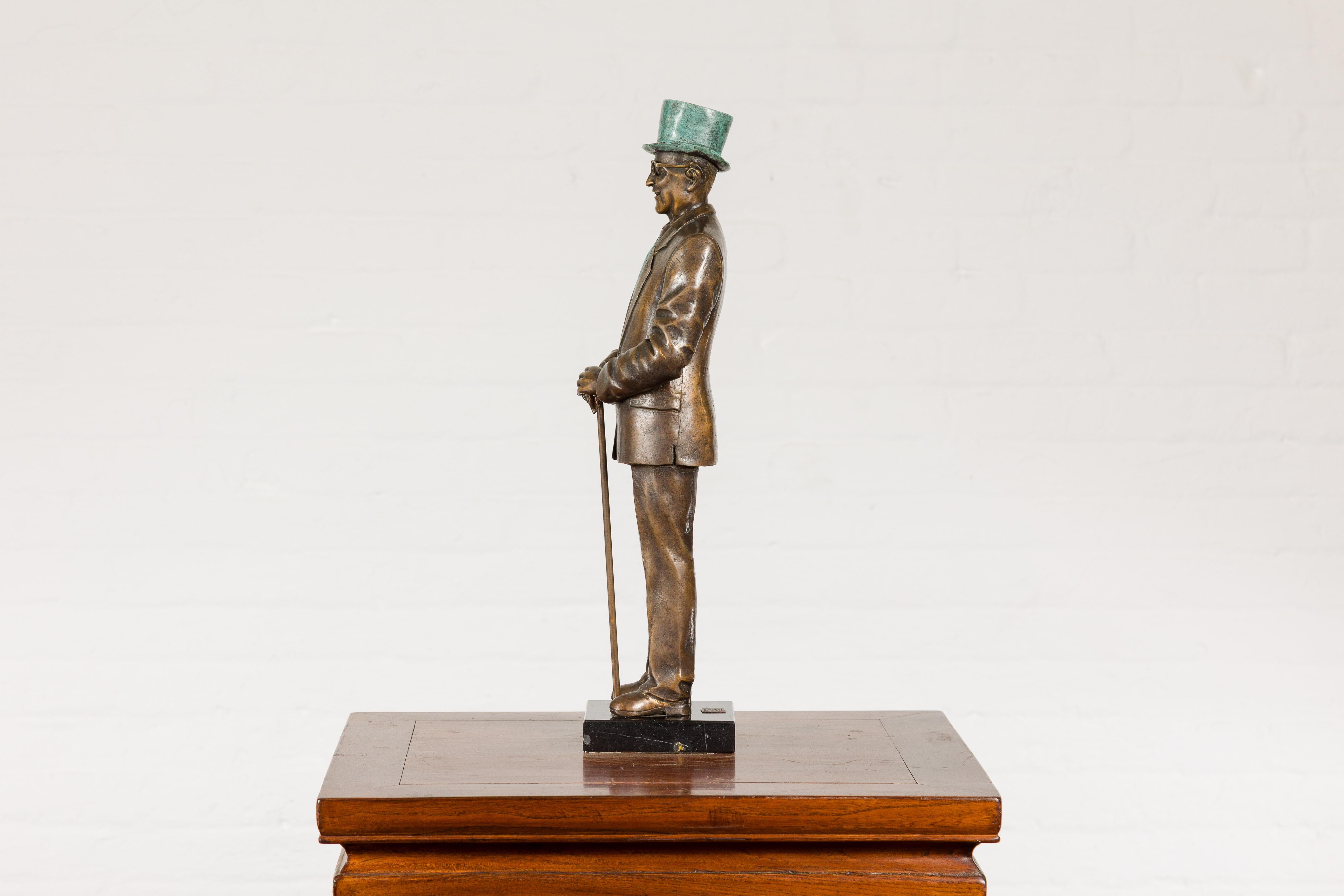 Man Wearing Top Hat Bronze Tabletop Statuette with Gold and Verdigris Patina For Sale 11