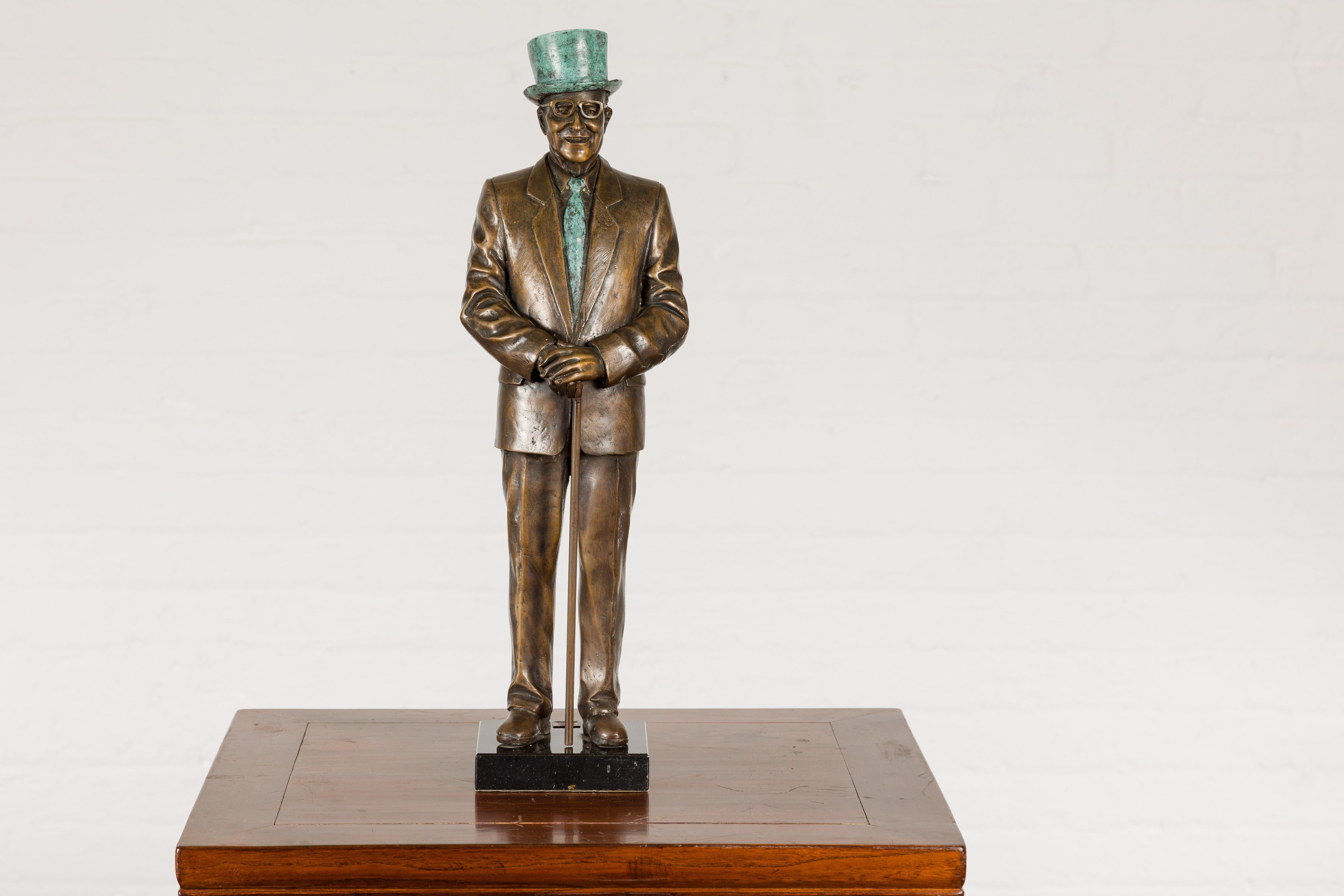 Man Wearing Top Hat Bronze Tabletop Statuette with Gold and Verdigris Patina In Good Condition For Sale In Yonkers, NY
