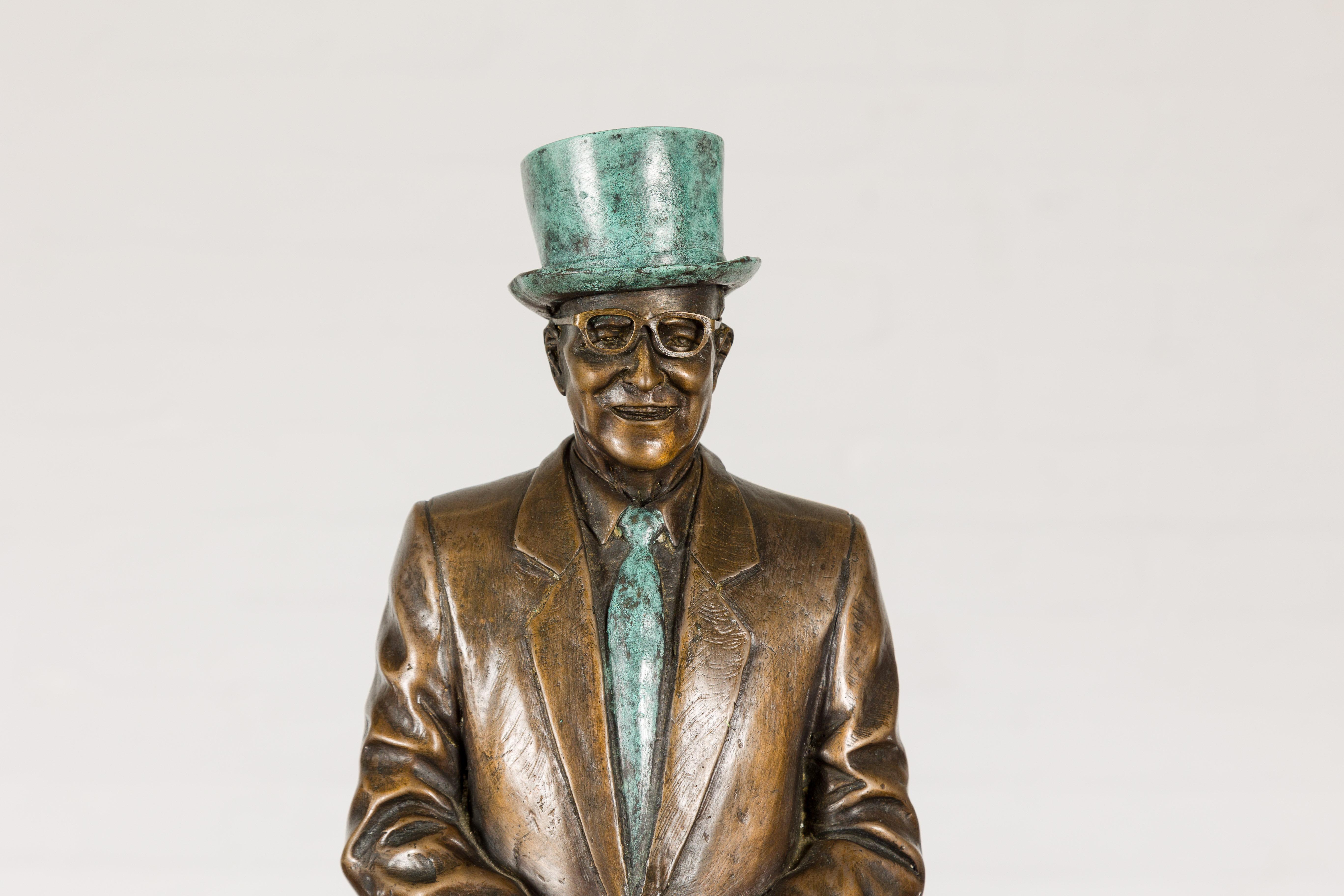 Man Wearing Top Hat Bronze Tabletop Statuette with Gold and Verdigris Patina For Sale 2