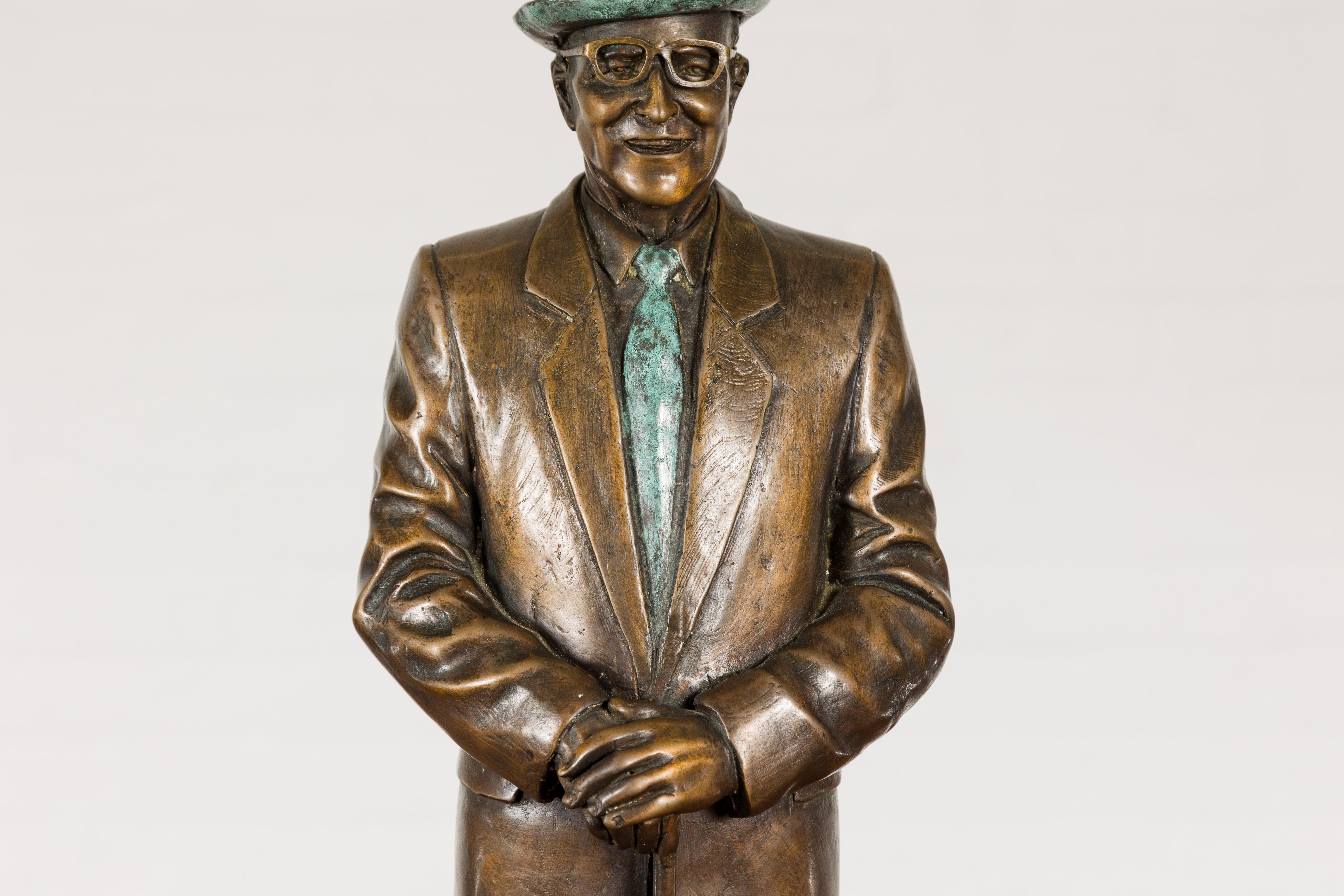 Man Wearing Top Hat Bronze Tabletop Statuette with Gold and Verdigris Patina For Sale 3