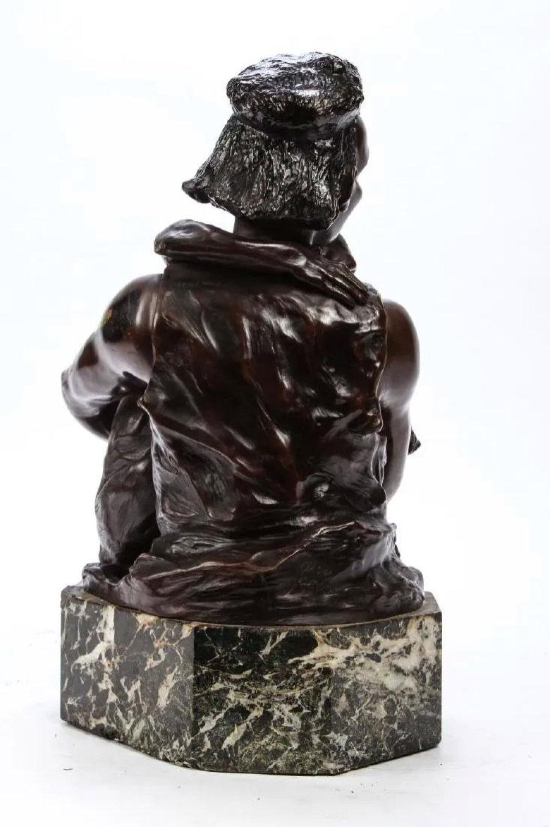 Patinated Man with Chimp Bronze and Marble Sculpture by Sandor For Sale
