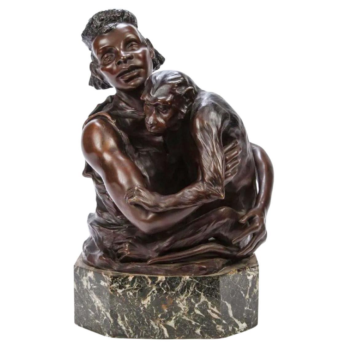 Man with Chimp Bronze and Marble Sculpture by Sandor
