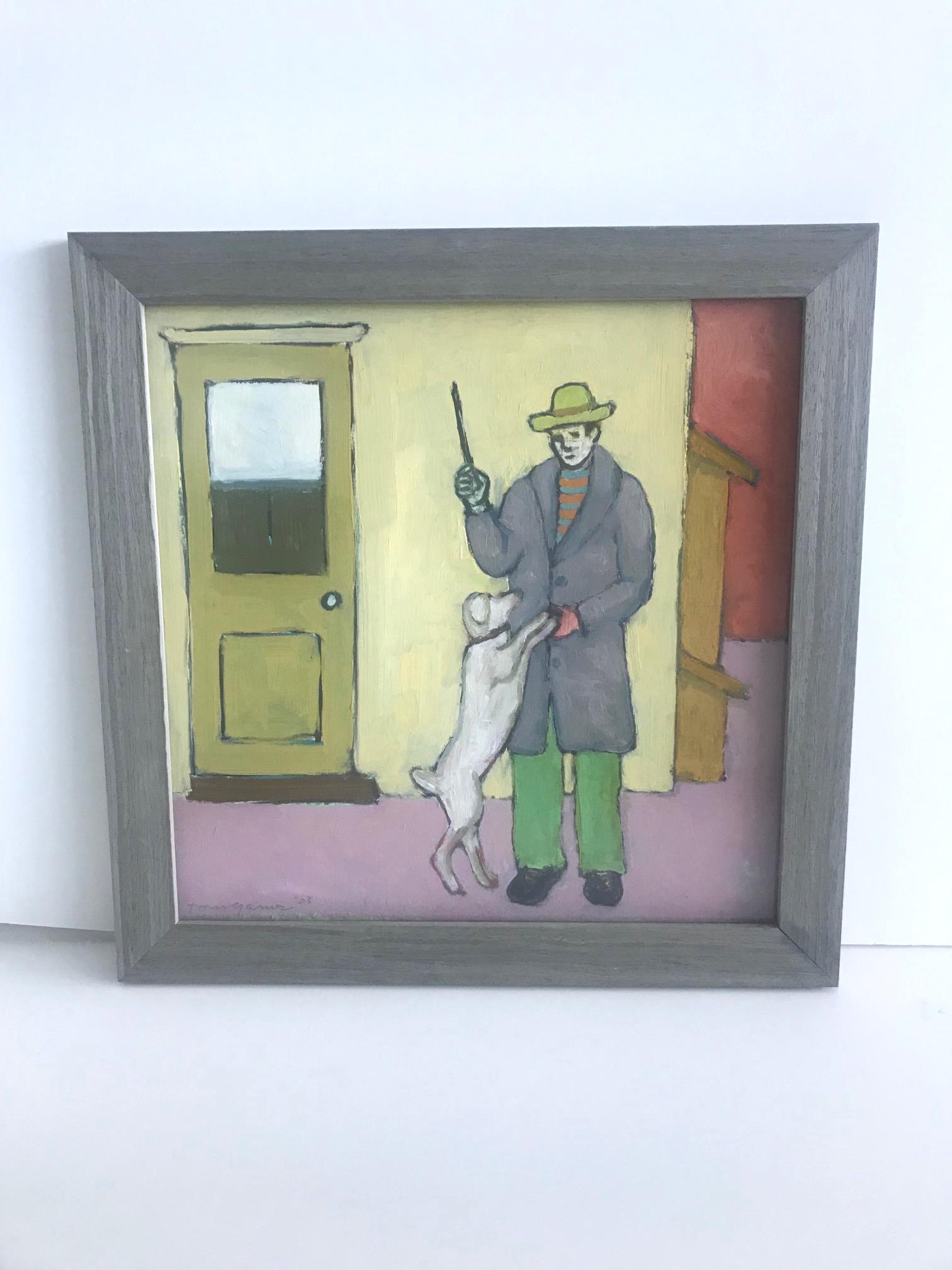Outstanding figural painting featuring a man and his dog by contemporary artist Tom Gaines. Oil on canvas painting in custom grey cerused wood frame fitted with museum quality glass inset. Gaines is a graduate of The University of Oregon and The