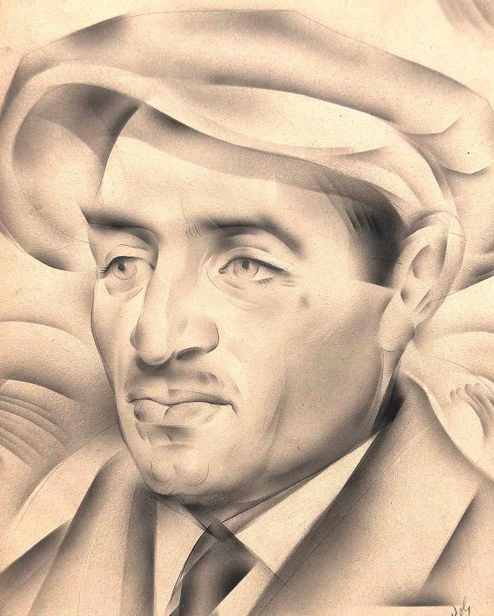 Disegnato in modo convincente in stile Artistics Deco, questo ritratto forte e vivido di un uomo con un berretto da guida è stato realizzato da Misha Reznikoff, un artista ucraino-americano.  Reznikoff studiò alla Rhode Island School of Design