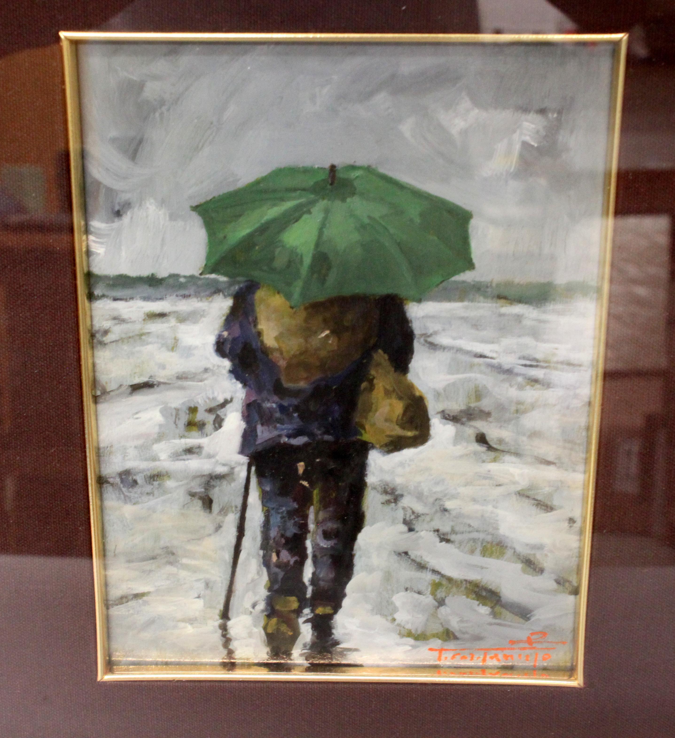 Title: Man with umbrella
Artist: Unidentified 
Medium: Oil on hardboard
Signed, 
circa 1956

Dimensions:
Image size 23×17 cm
Total dimensions 42.5 × 36.5 × 4.3 cm

Approximate weight: 2 kg

Condition: Has signs of general usage with some