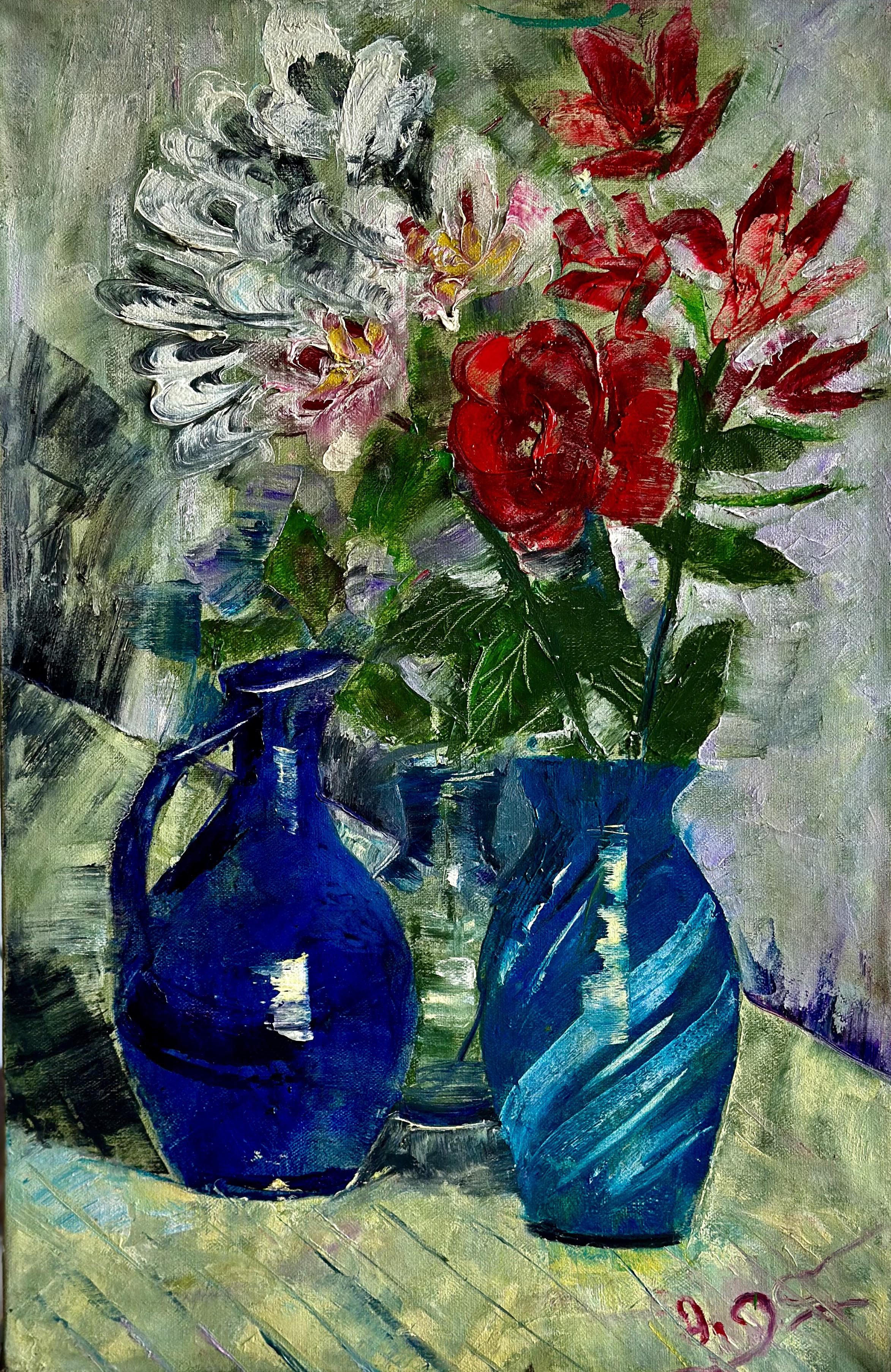 Zeitgenössische georgische Kunst von Manana Eloshvili - Blumen in blauen Vasen