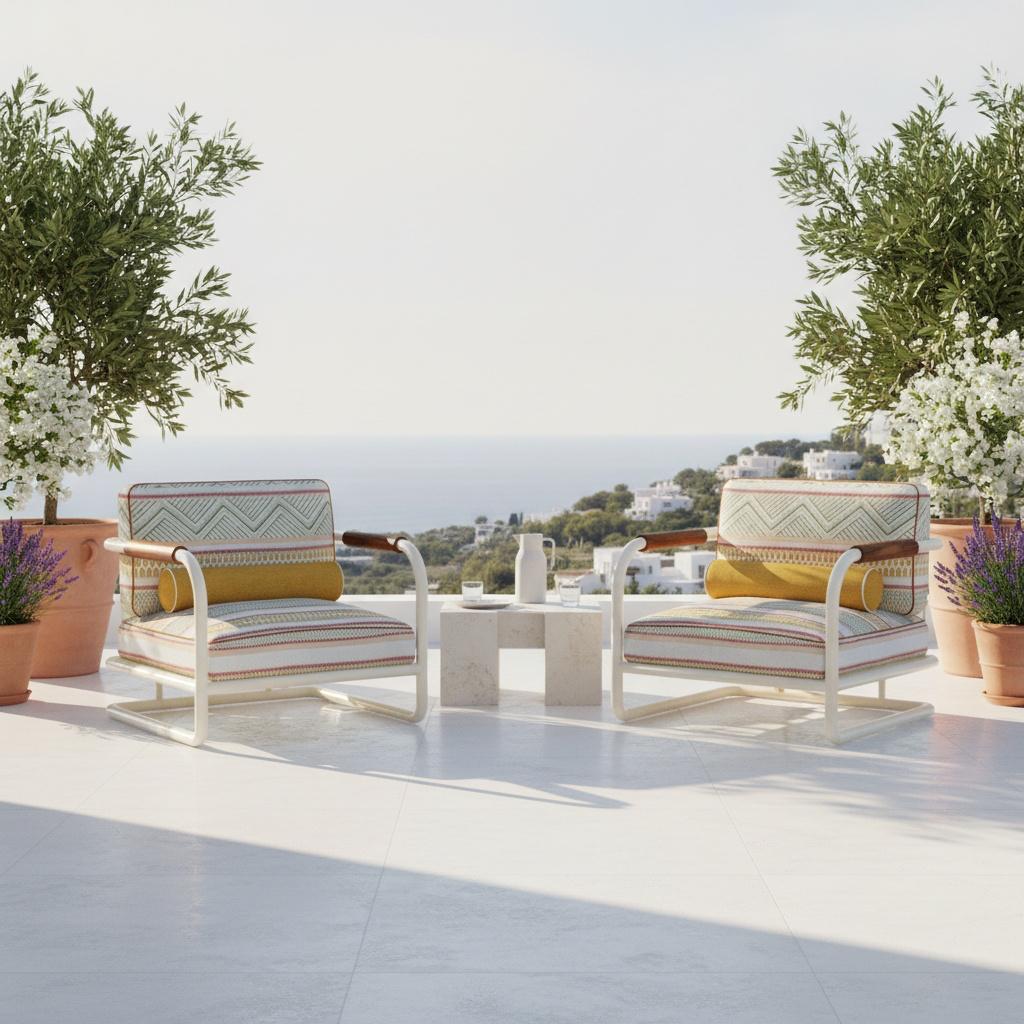 Organico moderno Poltrona da esterno Manarola in metallo con legno di iroko e cuscini a fantasia in vendita