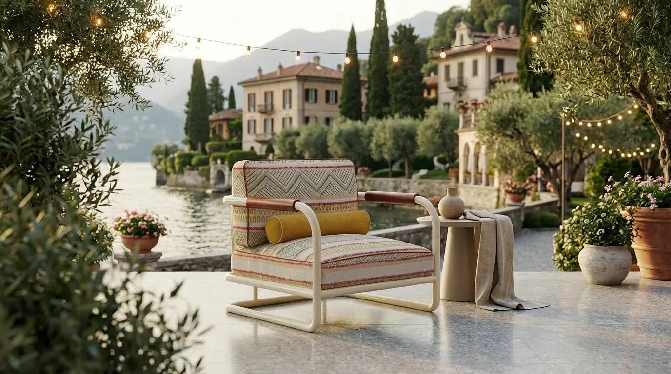 Metallo Poltrona da esterno Manarola in metallo con legno di iroko e cuscini a fantasia in vendita