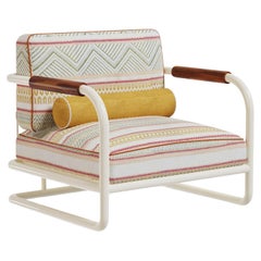 Manarola Outdoor Armchair in Metal with Iroko Wood and Patterned Cushions