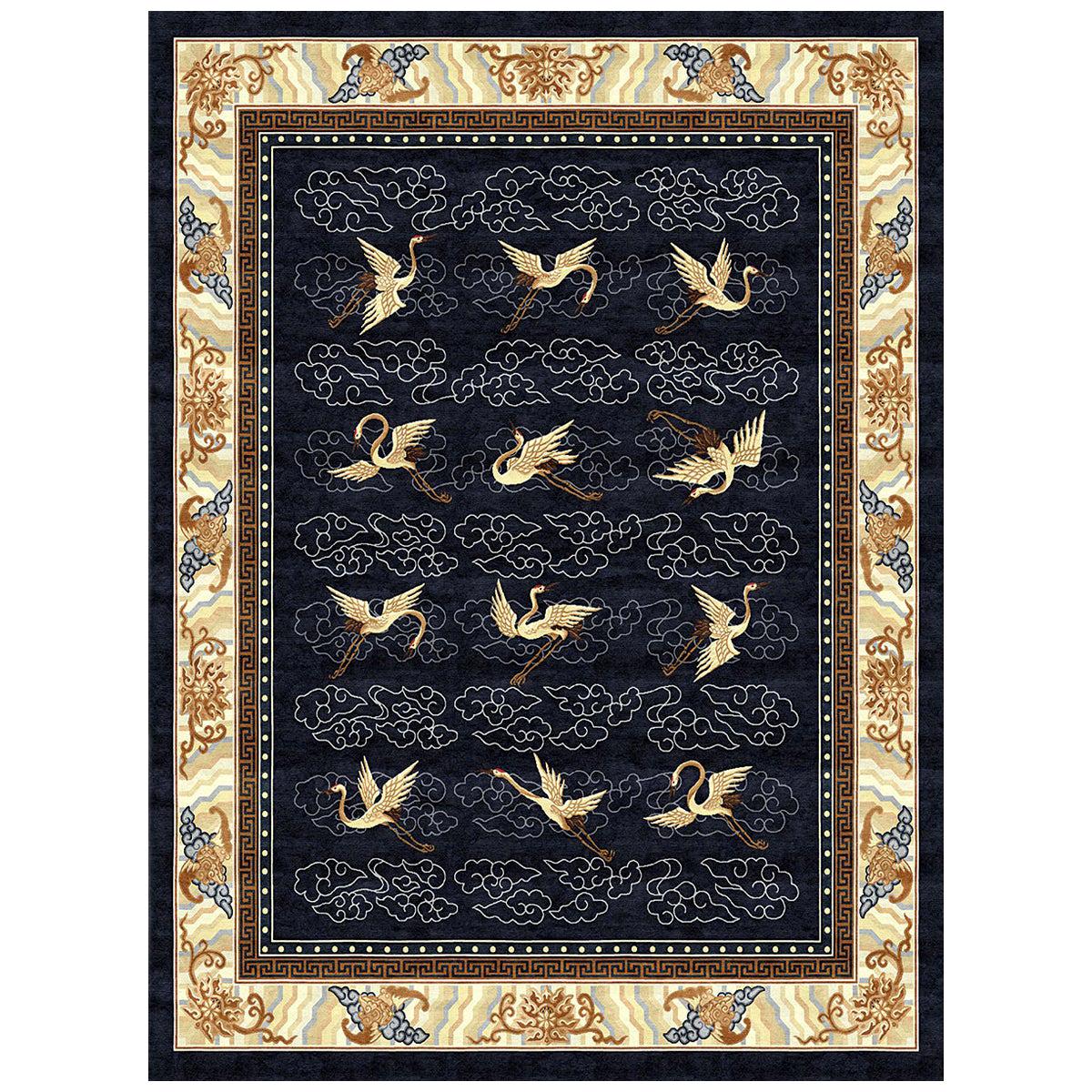 Dark Blue Beige Traditional Rug Hand Knotted Silk - Manchurian Cranes Indigo  For Sale