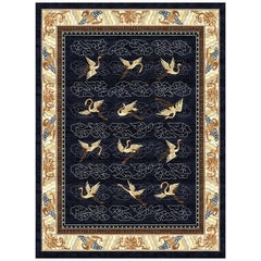 Dark Blue Beige Traditional Rug Hand Knotted Silk - Manchurian Cranes Indigo