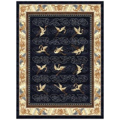 Dark Blue Beige Traditional Rug Hand Knotted Silk - Manchurian Cranes Indigo 