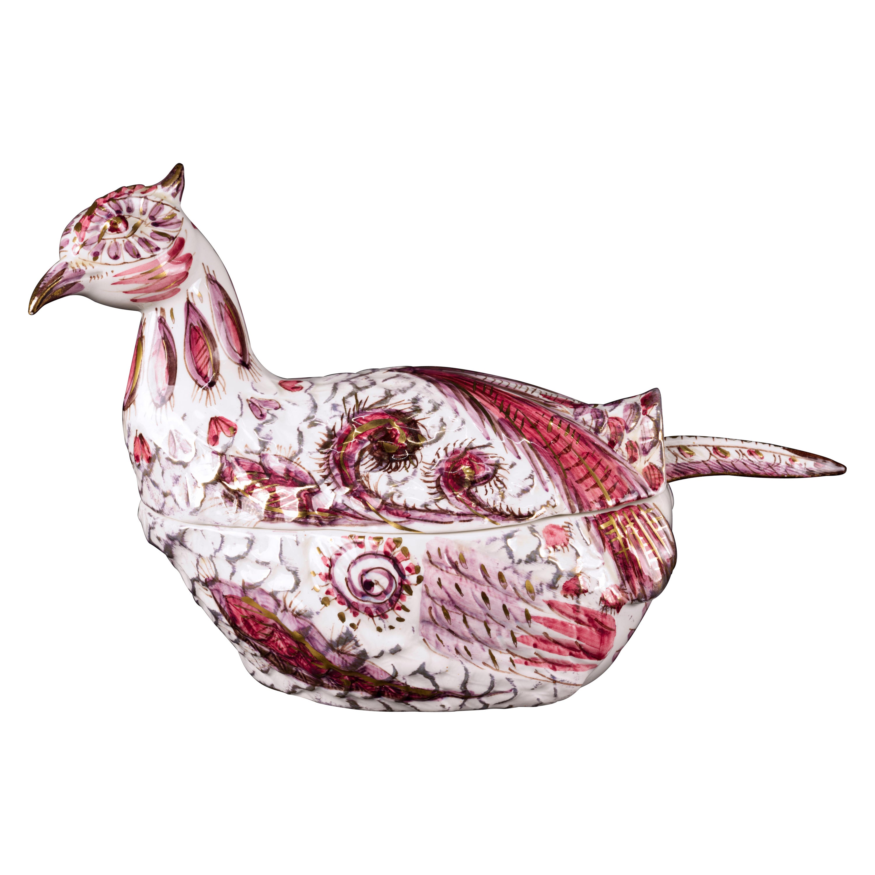 Mancioli Italy Pheasant lidded Bowl / Tureen With Tail Ladle Vintage 1970s