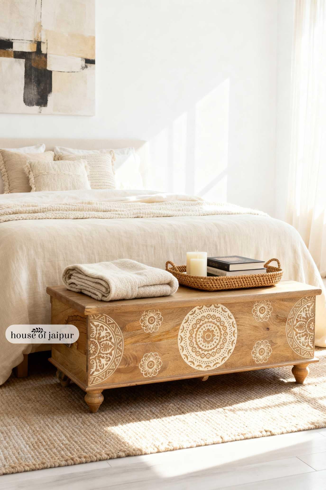 Mandala geschnitzt Jaipur hölzerne Lagerung Trunk - Massivholz Truhe von House of Jaipur im Angebot 2