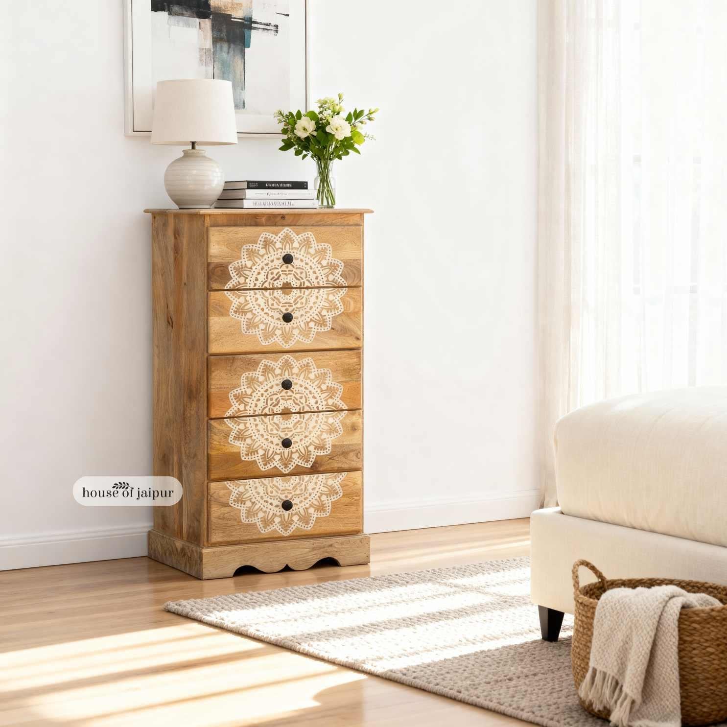 Mandala Carved Jaipur Wooden Tallboy Dresser - Storage Chest di House of Jaipur in vendita 2