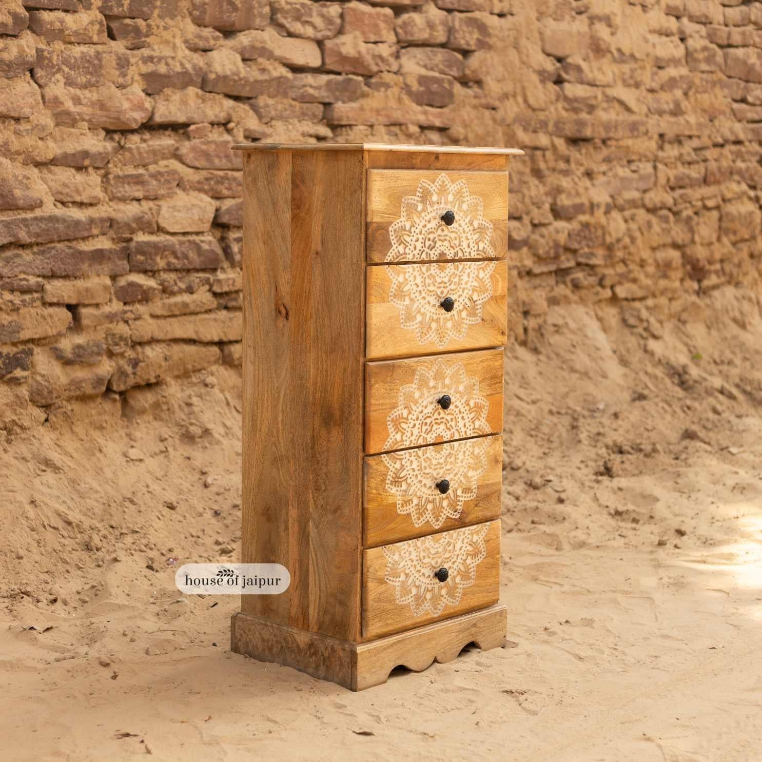 Bohémien Mandala Carved Jaipur Wooden Tallboy Dresser - Storage Chest di House of Jaipur in vendita
