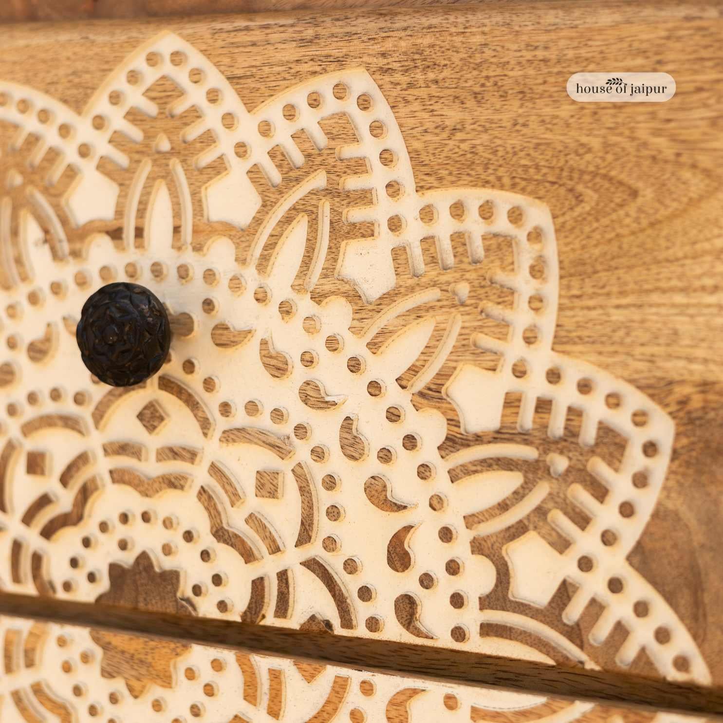 Indiano Mandala Carved Jaipur Wooden Tallboy Dresser - Storage Chest di House of Jaipur in vendita