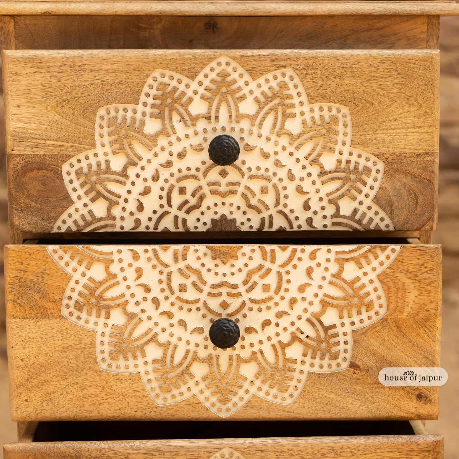 Intagliato Mandala Carved Jaipur Wooden Tallboy Dresser - Storage Chest di House of Jaipur in vendita