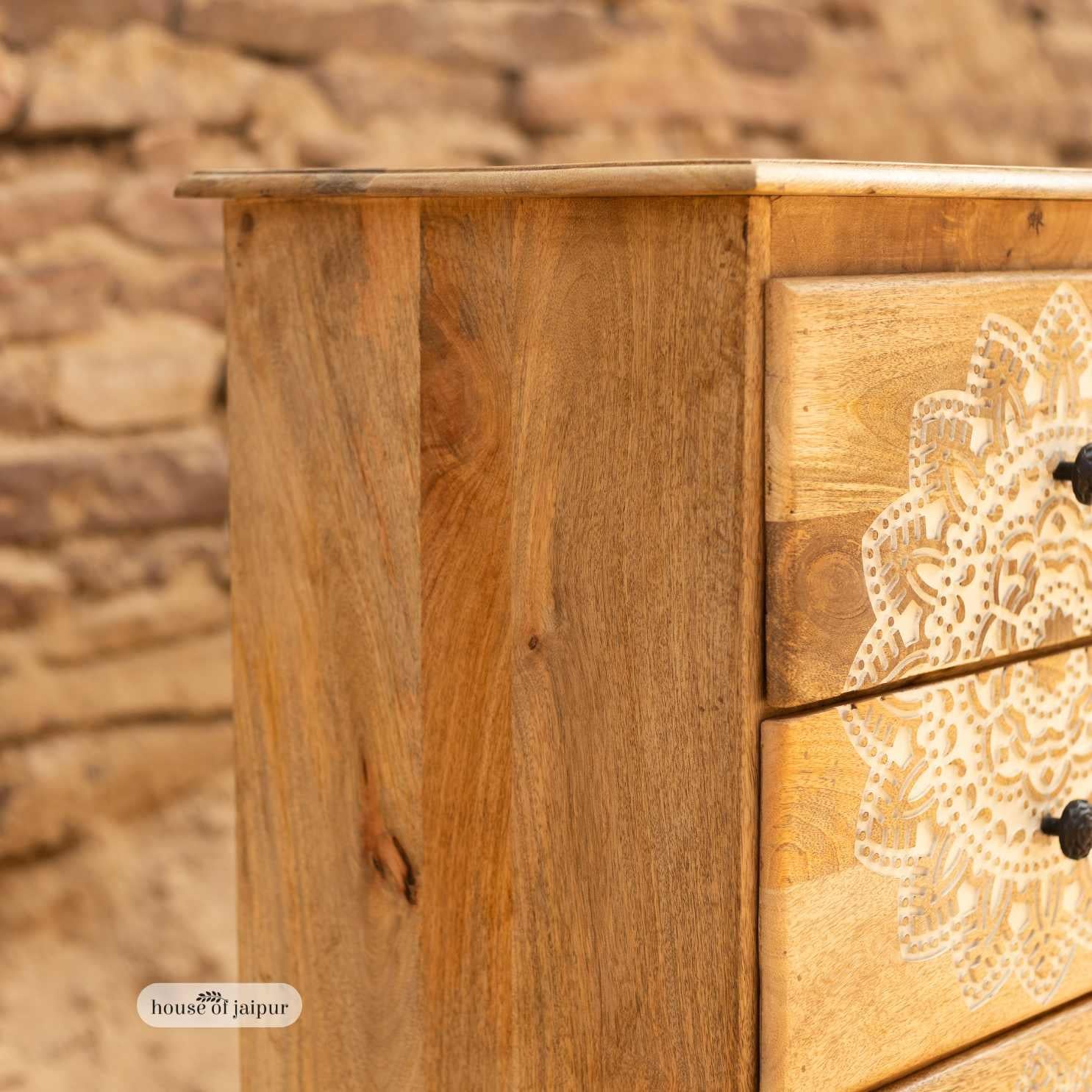 XXI secolo e contemporaneo Mandala Carved Jaipur Wooden Tallboy Dresser - Storage Chest di House of Jaipur in vendita