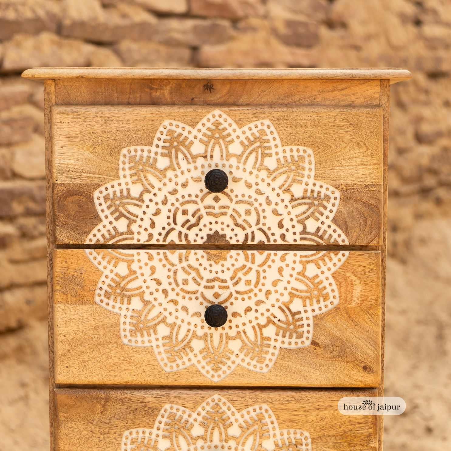 Legno Mandala Carved Jaipur Wooden Tallboy Dresser - Storage Chest di House of Jaipur in vendita