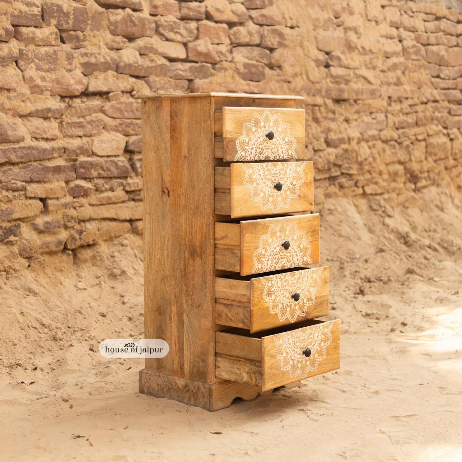 Mandala Carved Jaipur Wooden Tallboy Dresser - Storage Chest di House of Jaipur in vendita 1