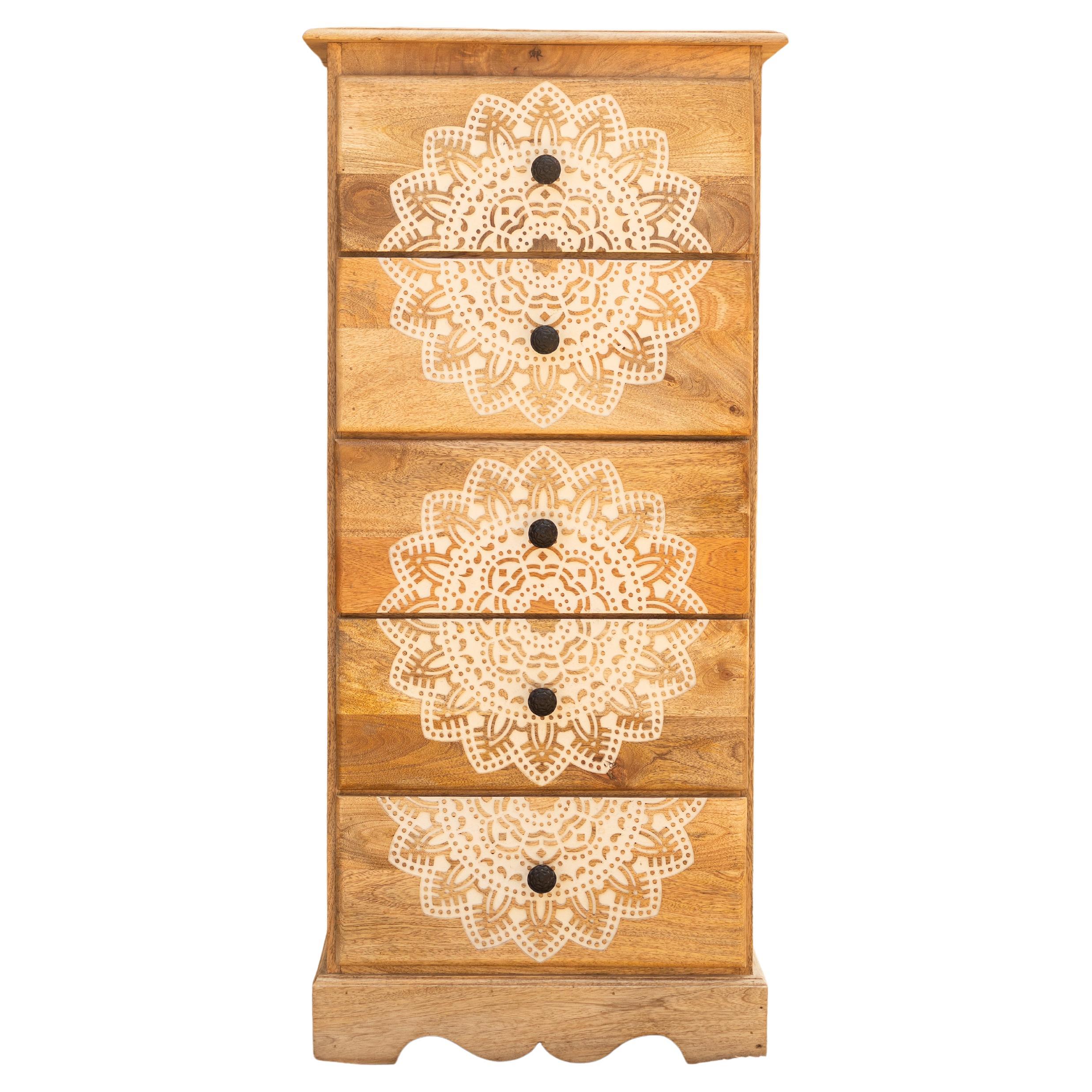 Mandala Carved Jaipur Wooden Tallboy Dresser - Storage Chest di House of Jaipur in vendita