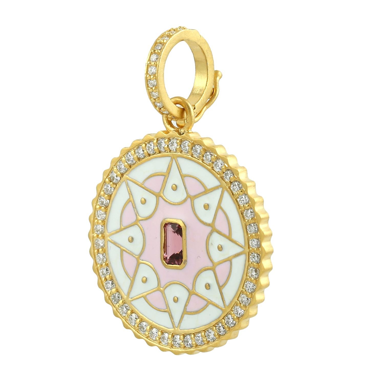 Taglio misto Ciondolo Mandala smaltato con diamanti in oro giallo 14k in vendita