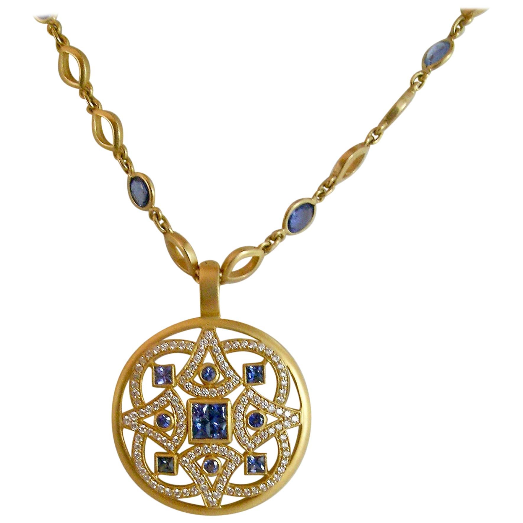 Mandala Pendant/Enhancer with Blue Sapphires and Diamonds For Sale