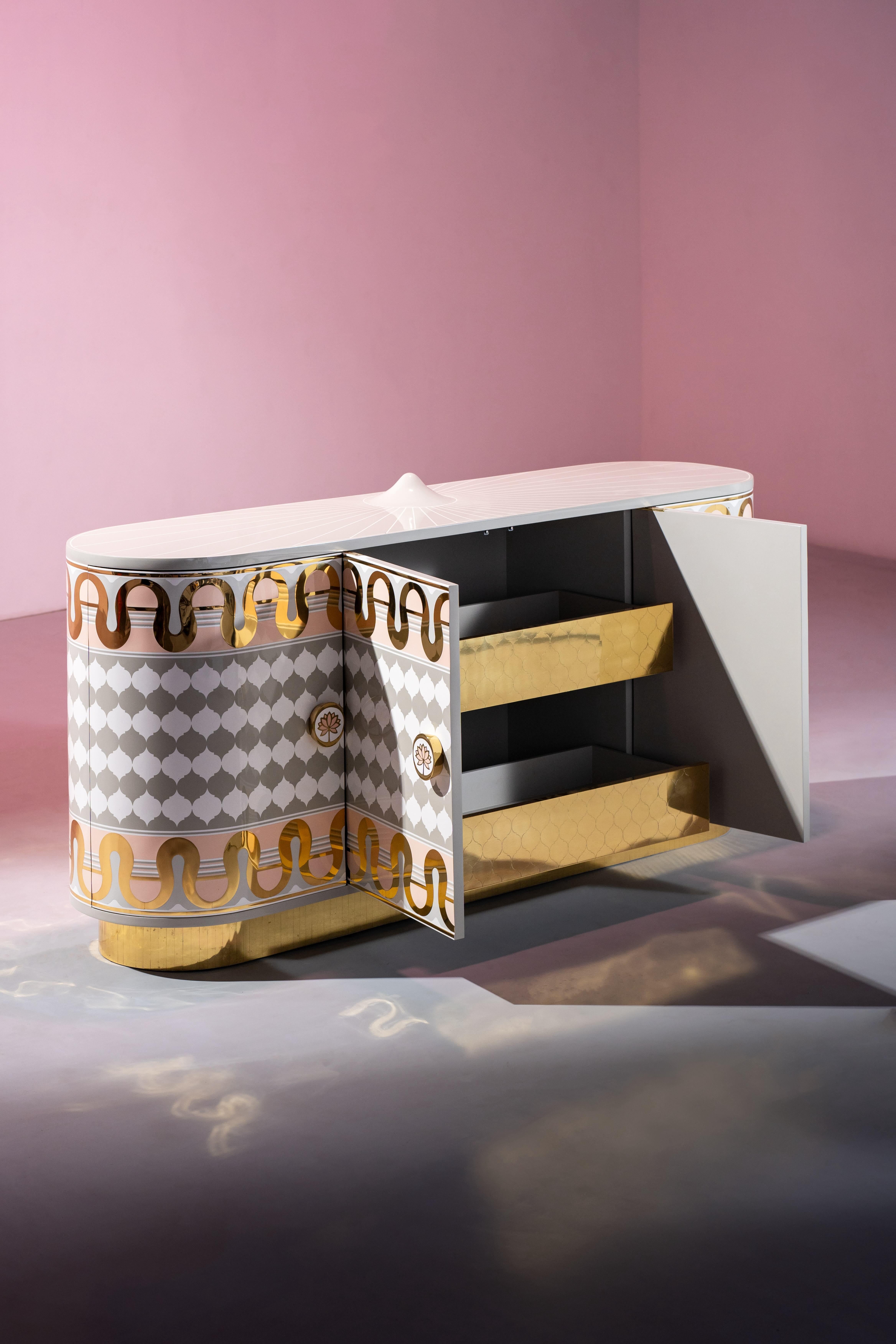 Indiano Credenza Mandala Mobile in oro bianco con intarsi in ottone di Matteo Cibic in vendita